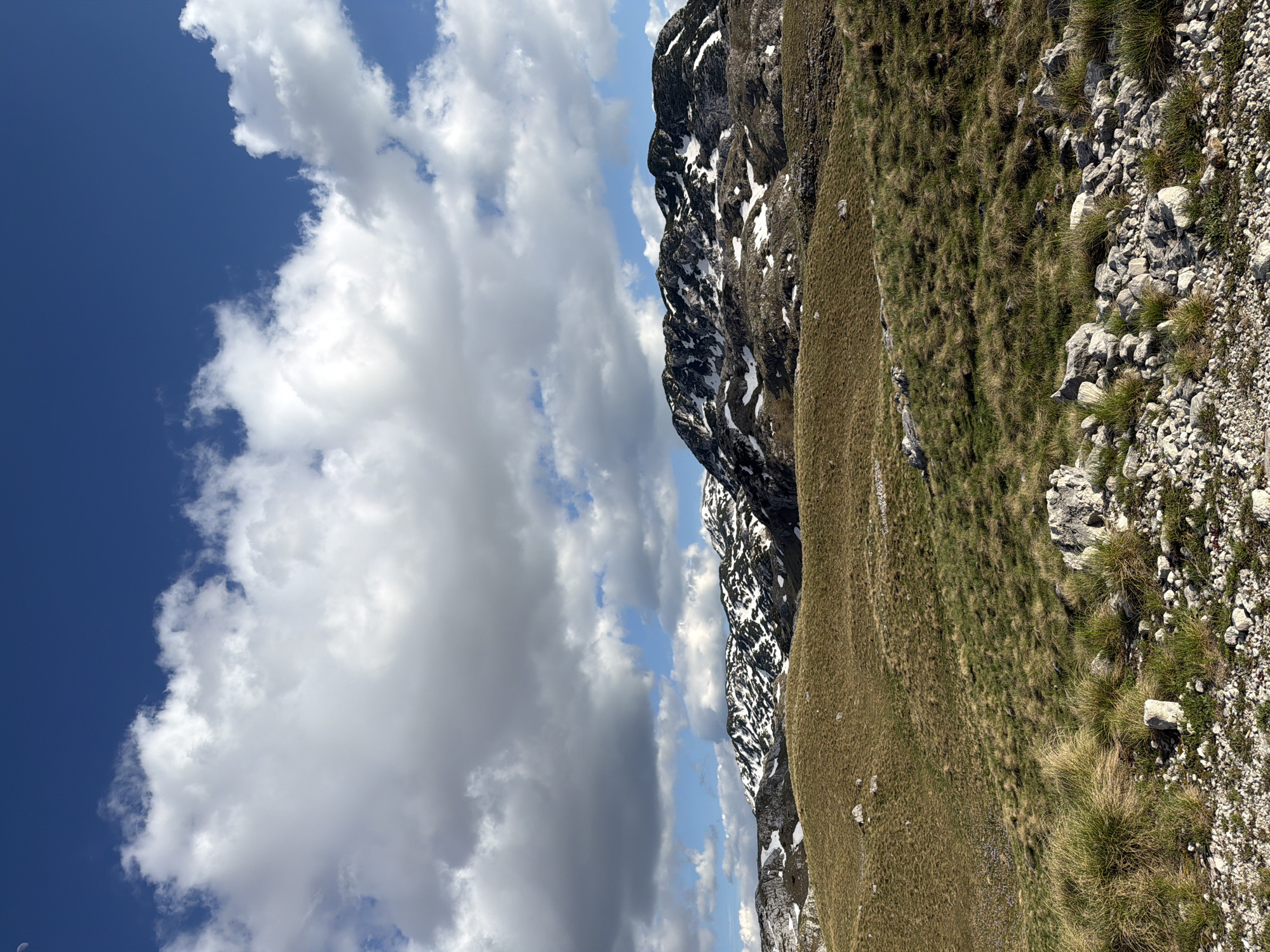 The image shows a mountain landscape in Boričje, Montenegro. The sky is partially covered with clouds, with patches of blue sky visible. The mountains are rocky, with some snow still present. The foreground consists of grassy terrain with rocks and sparse vegetation. There are no people visible in the image.
