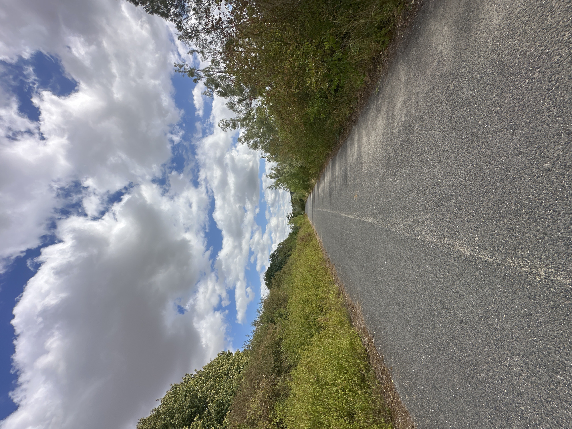 The image shows a paved road in a rural area, likely on the outskirts of Jablines, France. The road is a single lane with a broken white line down the center, appearing to lead into the distance. Lush green vegetation and trees line both sides of the road, with a gently sloping hillside covered in greenery to the left. The sky is a vibrant blue, dotted with large, fluffy white clouds. The overall scene conveys a sense of a peaceful, natural environment.
