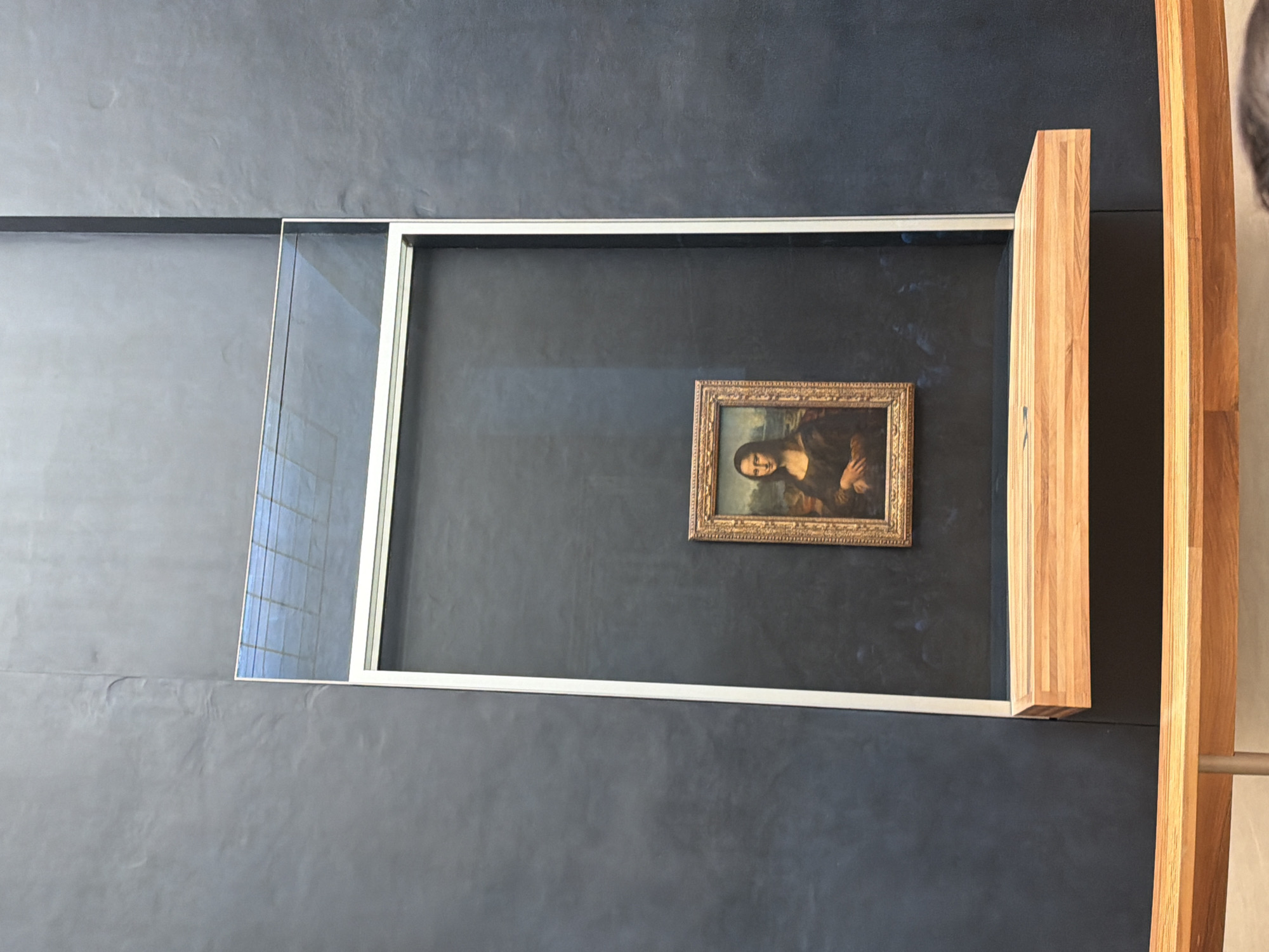 The image shows the Mona Lisa painting displayed behind glass and within a frame, hanging on a dark wall. The setting is likely in the Louvre Museum in Paris, France, where the Mona Lisa is housed. There is a portion of a person visible in the top right corner.