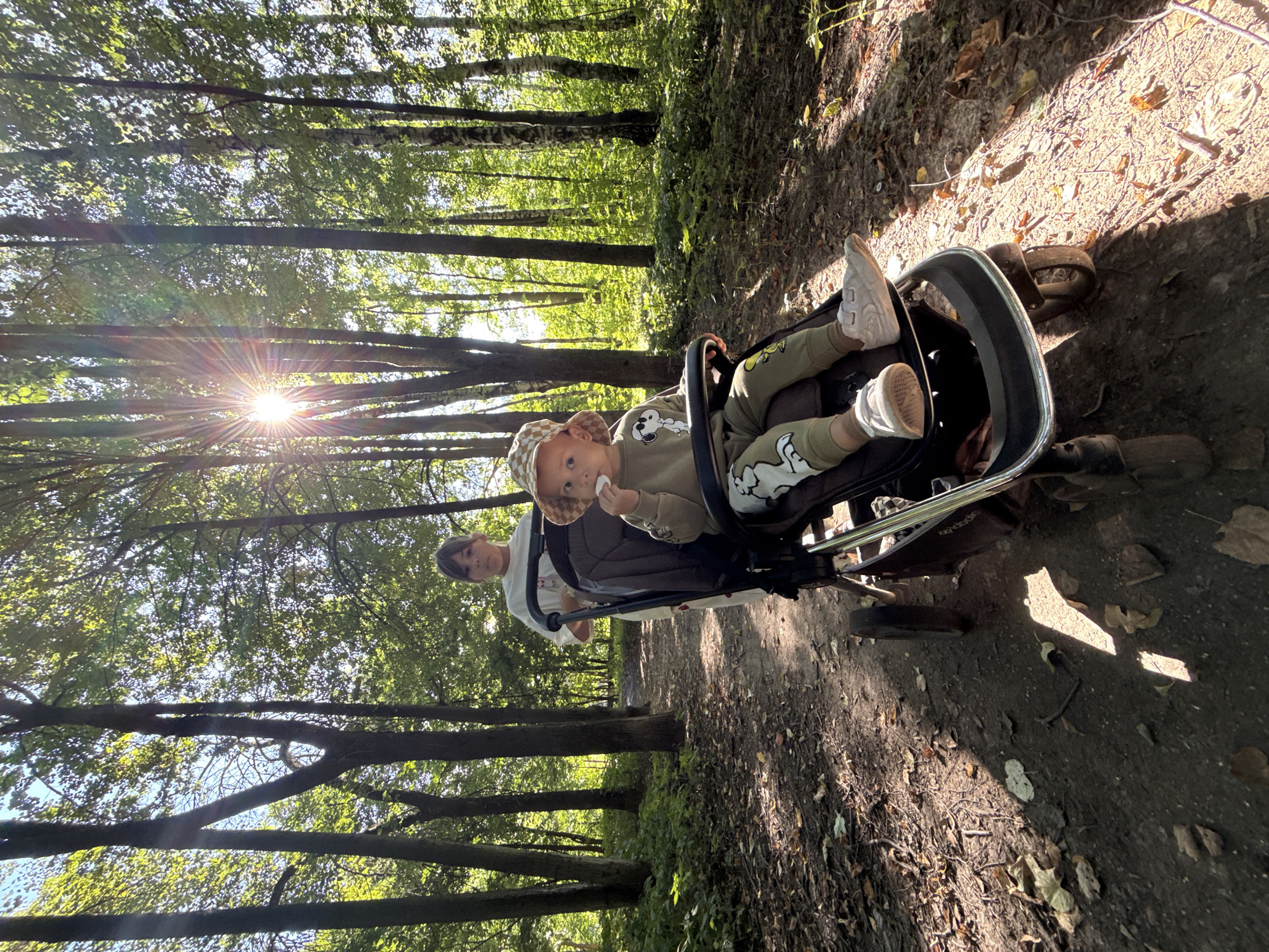 In the city of Rusanovo, Russia, a young girl pushes a stroller with a baby in it down a sun-dappled forest path. The sun shines brightly through the trees, creating a lens flare effect. The girl is wearing a white long-sleeved shirt and white pants. The baby is wearing a tan outfit with white socks and a tan and white checkered hat. The stroller is dark gray and black. The path is covered in leaves and dirt. The trees are tall and green, with some bare branches. The overall scene is peaceful and idyllic.