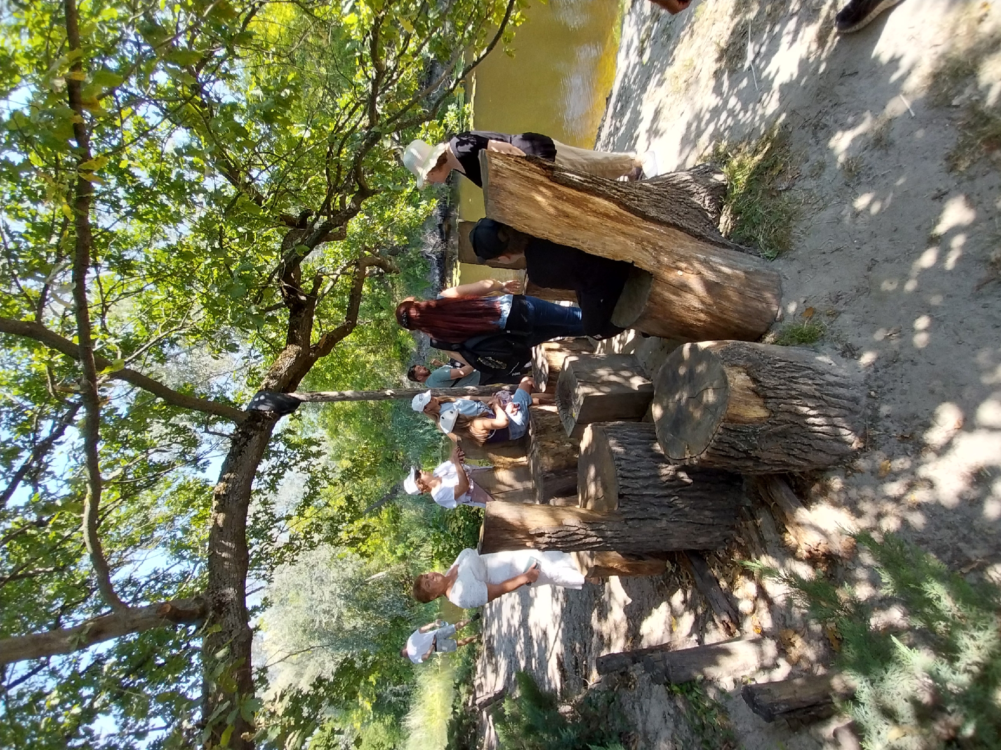 In Turove, Ukraine, a group of people are gathered near a body of water, possibly a river, under the shade of a large tree. The scene appears to be an outdoor recreational area with rustic seating made from logs and tree stumps. A woman in a white dress stands looking towards the camera, holding a phone. Several other individuals are positioned around the log seating, some standing and others seated. The environment is characterized by lush green trees, a sandy path, and the water's edge. The time of day suggests it is daytime, with dappled sunlight filtering through the tree canopy.