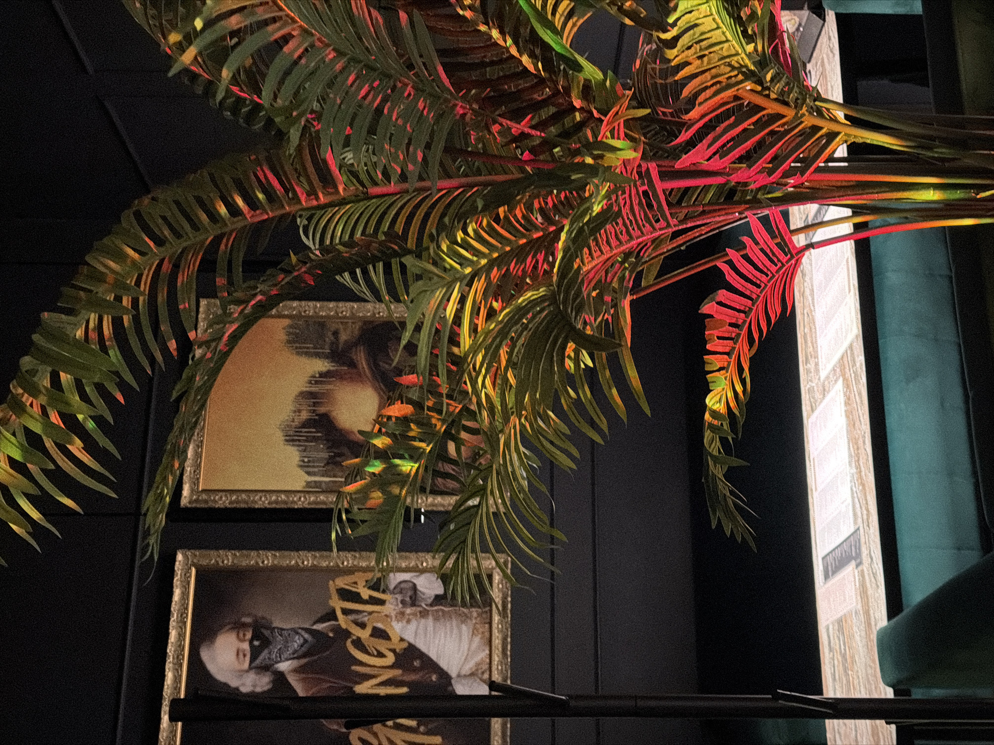 The image captures an interior setting with a focus on decorative elements. In the foreground, there's a large artificial palm or fern plant illuminated with vibrant red, yellow, and green lighting. Behind the plant, two framed artworks are visible on a dark wall. The lower artwork portrays a person with a bandana obscuring their face, graffiti-style text overlapping the image. The upper artwork appears to be an abstract piece with a muted color palette. To the right, a decorative column or structure is present, partially obscured by green material, suggesting a curtain or upholstery. A thin black rod or bar is running horizontally through the scene. The location and specific details about Chaikovsky, Russia, are not evident from the image.