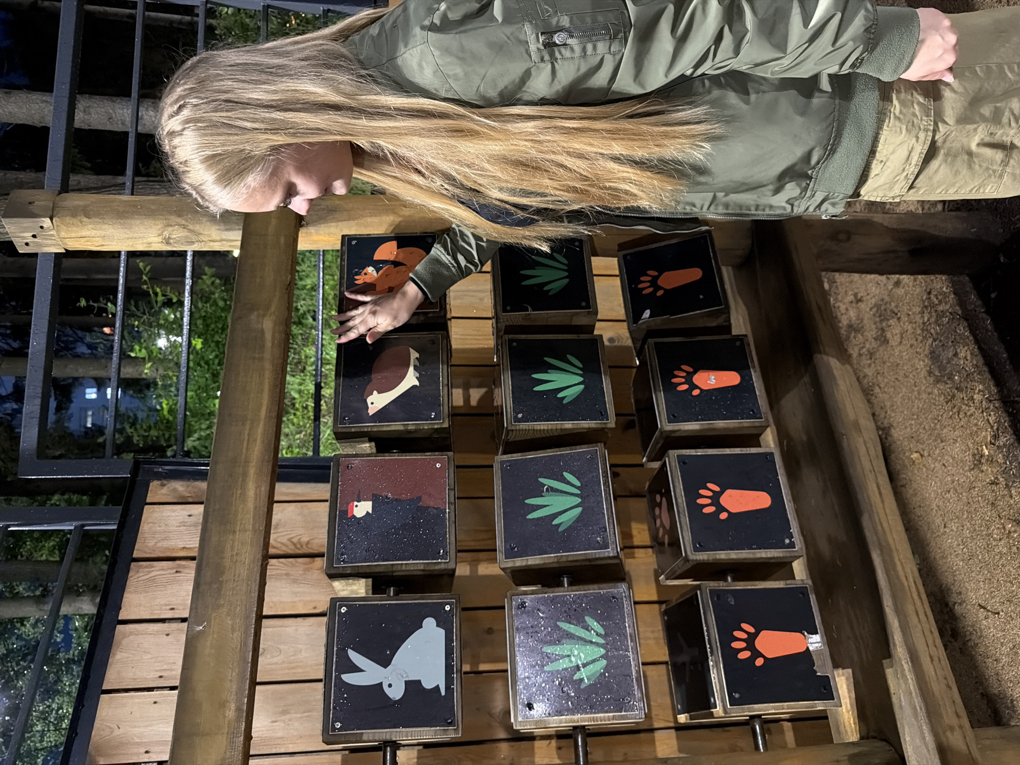 An outdoor image shows a young woman with long blonde hair wearing a green bomber jacket and khaki pants. She is standing in front of a wooden structure with multiple square panels, each featuring a picture or design. Her right hand is extended and touching one of the panels, which displays an orange squirrel. The panels depict various images: a white rabbit, a bird, a hedgehog, green grass, and orange paw prints. The structure appears to be part of a playground or interactive exhibit. The background shows trees and some distant lights, suggesting an evening setting. This scene is located in Izhevsk, Russia.