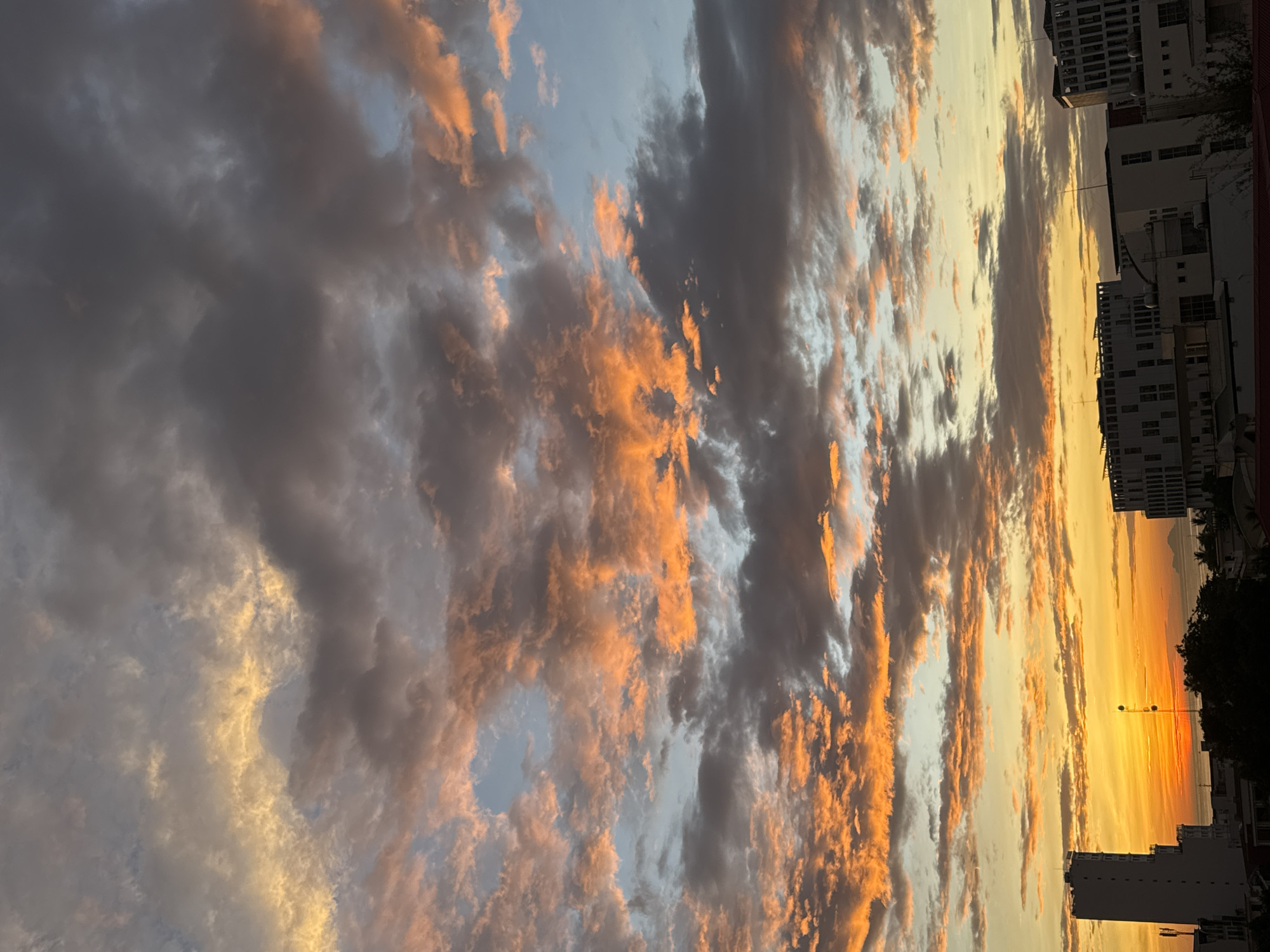A vertical shot captures a dramatic sunset over Nha Trang, Vietnam. The sky is a canvas of vibrant oranges, yellows, and pinks, painted across a backdrop of dark, textured clouds. These colorful clouds extend upwards, giving way to patches of clear blue sky higher up.
In the foreground, the silhouettes of city buildings are visible. On the left, a tall, white, rectangular building stands prominently. To its right, the dark shapes of trees can be seen. Further to the right, more modern buildings with repeating window patterns line the horizon. A tall, slender tower with visible antennae stands near the center. In the distance, a body of water is visible, with faint outlines of islands or landmasses on the horizon. The scene is devoid of any people or overt actions. The overall impression is one of natural beauty juxtaposed with urban development.