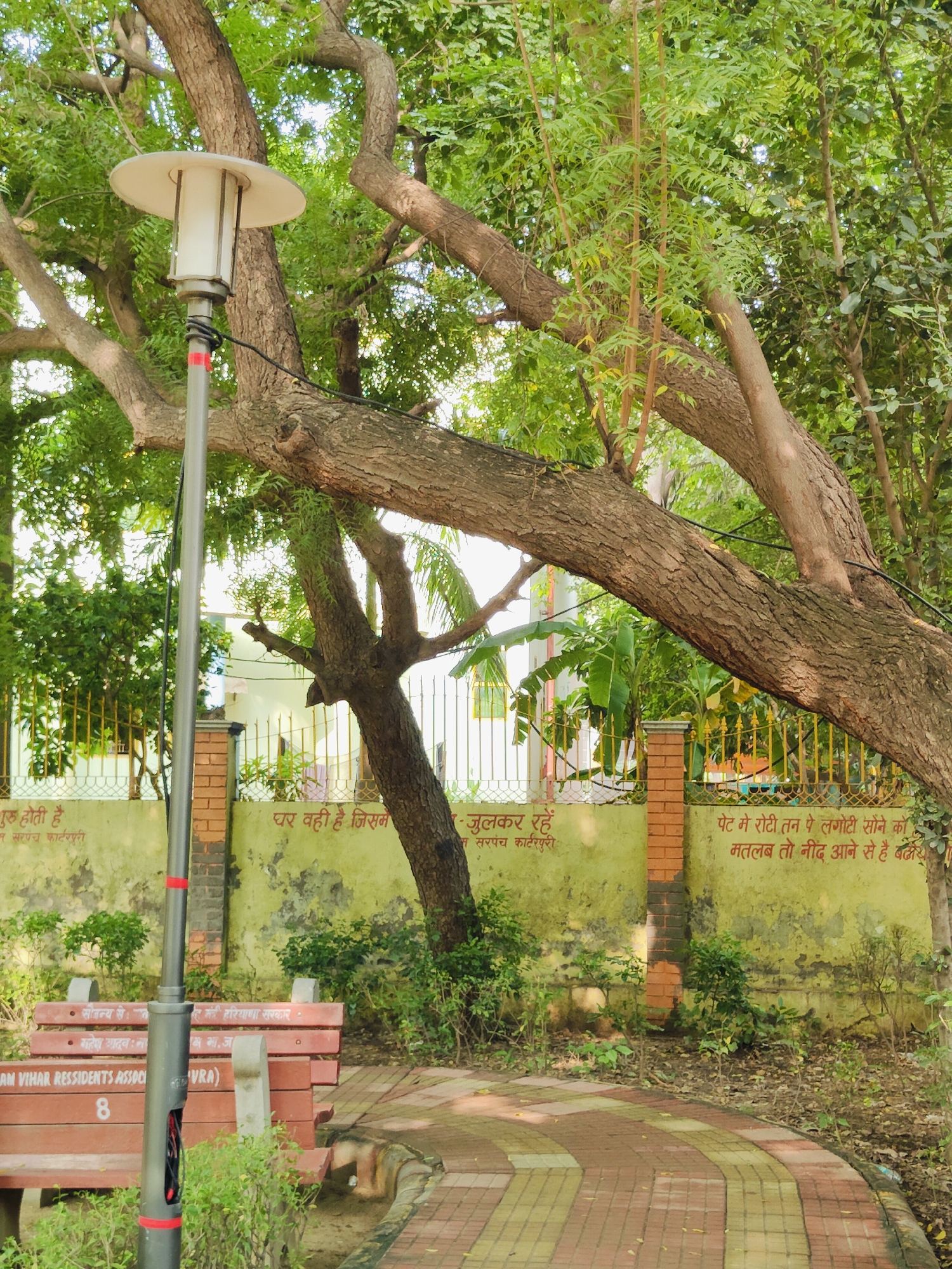 The image depicts an outdoor scene in Gurgaon, India, likely a park or a communal area. In the foreground, a red and yellow patterned walkway curves into the scene. To the left, a park bench with "VIHAR RESIDENTS ASSOC." and "8" visible on its backrest sits adjacent to a lamppost. The lamppost is gray with red accents and has visible wiring. Behind the bench and lamppost, a low, weathered wall, painted a pale yellow with green undertones, features Hindi text in red. Behind the wall, a yellow metal fence runs horizontally, and beyond that, the facade of a building is partially visible, along with lush green foliage and trees. A large tree trunk extends diagonally across the middle of the frame, its branches reaching into the canopy of leaves. The overall impression is one of a tranquil, well-maintained urban green space.
