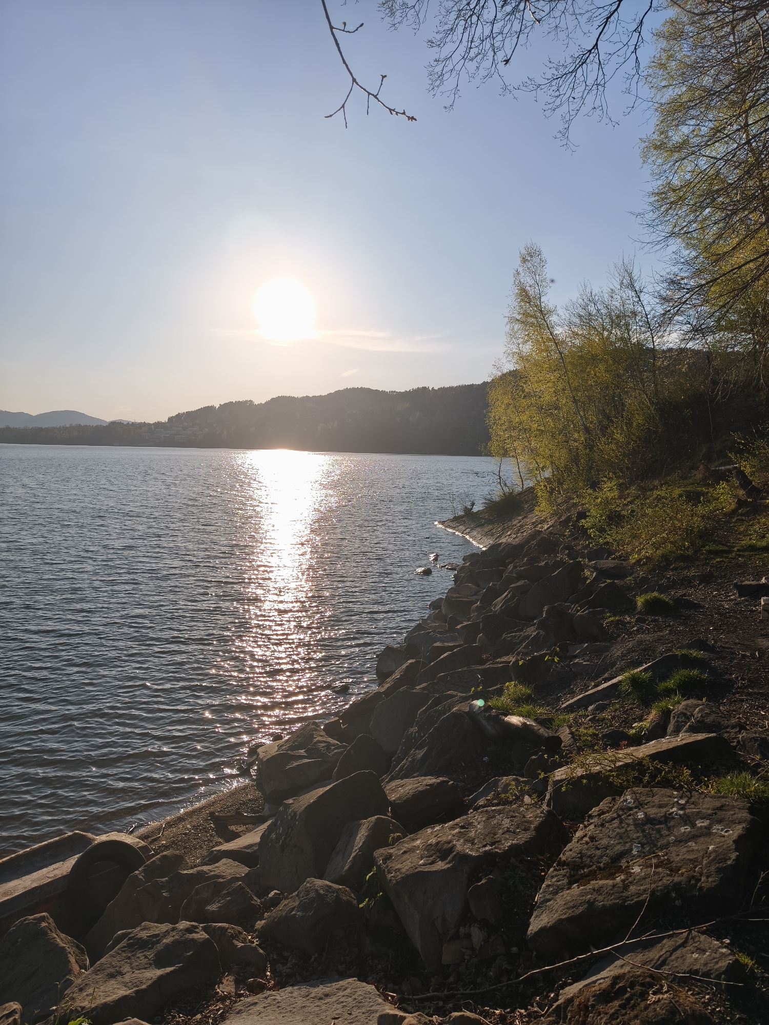 The media file captures a serene landscape photograph taken in Bierna, Poland, likely during late afternoon or early morning due to the low angle of the sun. A vast body of water, appearing to be a lake or reservoir, dominates the left and central portions of the frame, with subtle ripples on its surface. A bright, circular sun is prominent in the upper left of the clear, light blue sky, casting a strong, shimmering reflection that stretches across the water towards the viewer.
The right side of the image features a rocky shoreline, consisting of large, dark grey boulders varying in size, with patches of green grass, dirt, and sparse vegetation growing between them. Further up the bank, a line of deciduous trees and bushes with fresh green and yellowish leaves catches the warm sunlight. Some bare tree branches extend into the upper frame. A small, white, bird-like object is faintly visible near the water's edge on the right.
Across the water, in the distance, a range of tree-covered hills or mountains forms the horizon, appearing as dark silhouettes against the brighter sky. Some indistinct structures, possibly buildings, are visible on these distant slopes. The scene conveys a sense of natural beauty and tranquility under a clear, sunny sky. No visible text is present.