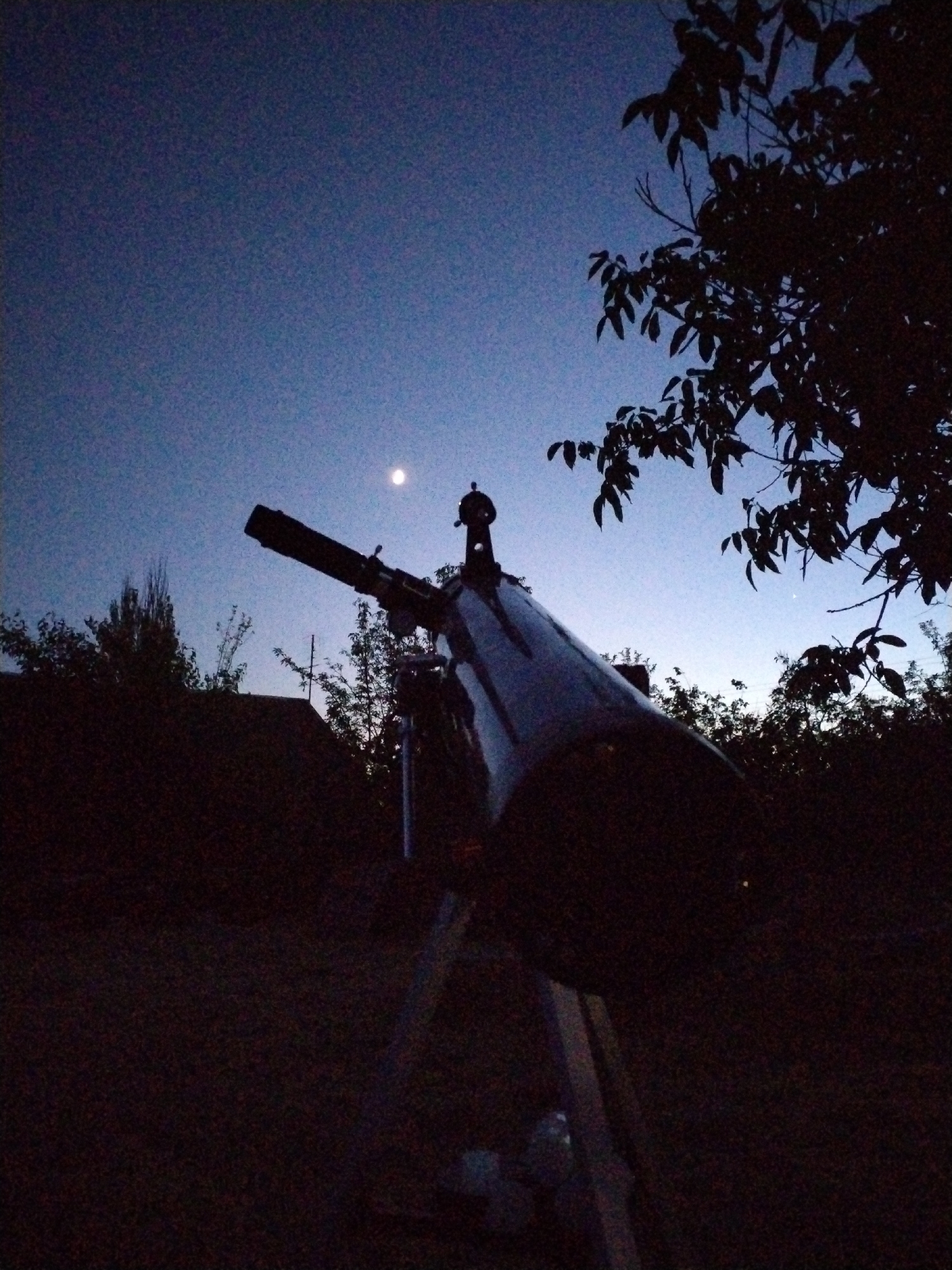 A telescope is positioned outdoors, likely in a backyard or open area, with the sky in the background. The sky is a deep blue, transitioning to a lighter hue near the horizon, suggesting dusk or dawn. A faint, bright moon is visible in the upper portion of the sky. The telescope itself is dark and appears to be on a tripod mount. Silhouetted trees and foliage are visible on the right and in the foreground, with some indistinct structures, possibly houses, also in silhouette. A small, dark figure is standing on top of the telescope. The overall scene is dimly lit, with the primary light source being the ambient light from the sky and moon.