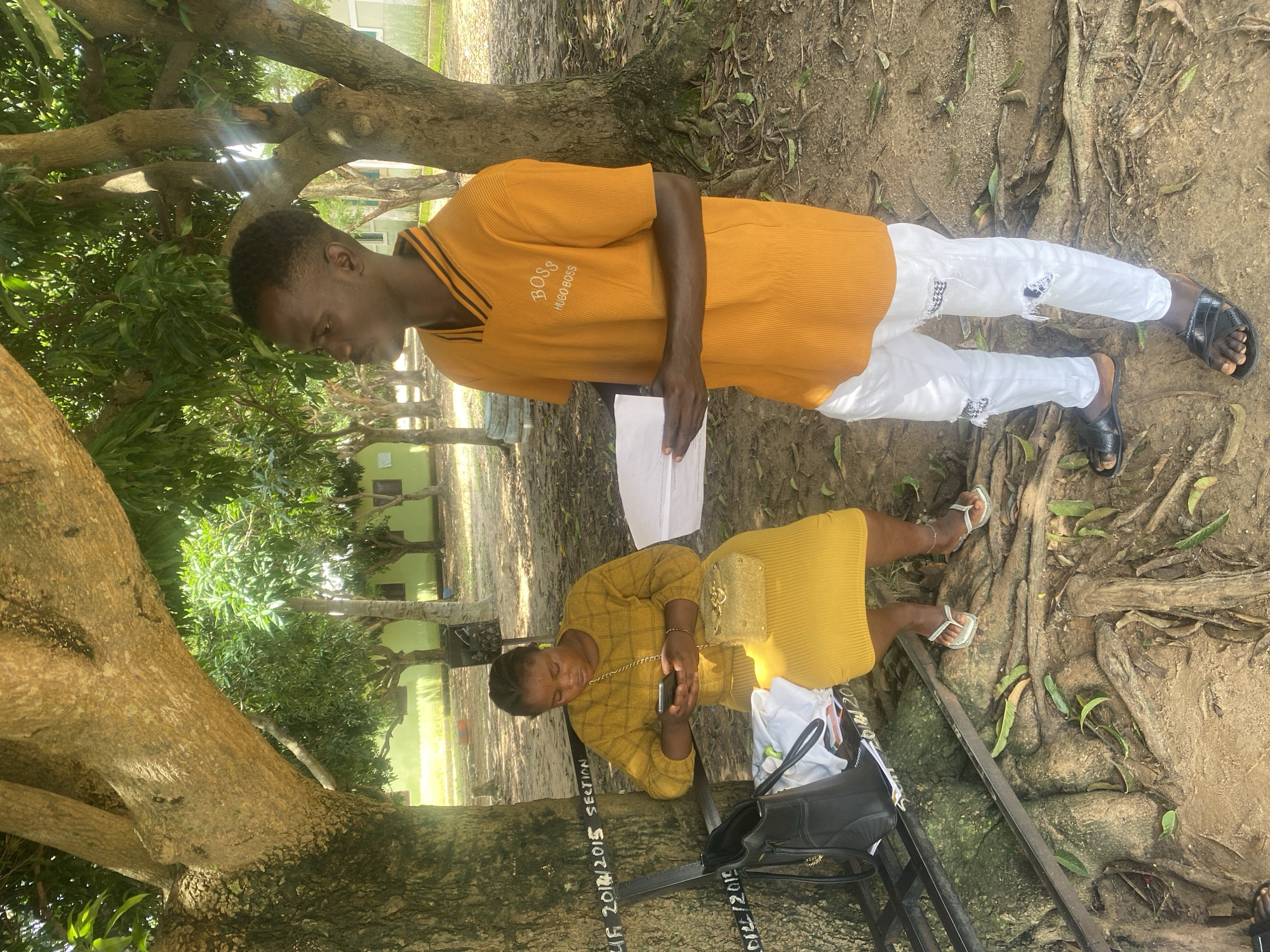 In the city of Unknown, Unknown, two individuals are observed outdoors under the shade of trees. To the left, a woman of color is seated on a bench, engrossed in her smartphone. She is wearing a yellow plaid long-sleeved dress and a gold clutch bag rests beside her. A black handbag and other items are on the bench. To the right, a man of color stands, holding a white paper object. He is dressed in an orange short-sleeved shirt with "BOSS HUGO BOSS" embroidered on it and distressed white pants. The ground is covered in dirt and exposed tree roots. The environment appears to be a park or an outdoor seating area with trees and some distant buildings visible. The lighting suggests it is daytime.