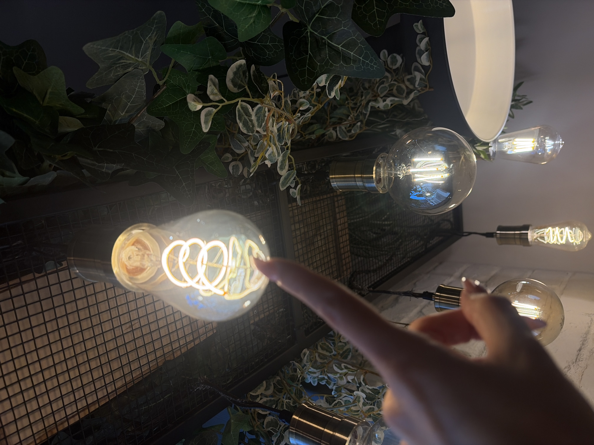 The image displays an indoor scene in Saint Petersburg, Russia; the precise location within the city is not identifiable from visual cues. A human hand, positioned in the lower-left foreground, presents an outstretched index finger with a manicured nail, pointing directly upwards towards a prominent, illuminated decorative light bulb. This bulb is large, clear, and globe-shaped, featuring a visible spiral LED filament emitting a warm yellow light.
Multiple other decorative LED light bulbs are suspended from the ceiling. These include spherical and teardrop-shaped clear glass bulbs, some with vertical LED filaments and others with spiral filaments, all attached to metallic (brass-toned) bulb holders and dark electrical cables. Above and around these hanging fixtures, a dark metal grid structure is visible, integrated with extensive artificial foliage comprising various types of green leaves and vines, some exhibiting light-colored variegation. A segment of a white, conical lampshade is visible in the lower-right background. The walls appear light-colored and textured. The overall environment suggests a commercially designed interior space, possibly a cafe or restaurant, characterized by industrial-chic and botanical decor elements with ambient lighting.