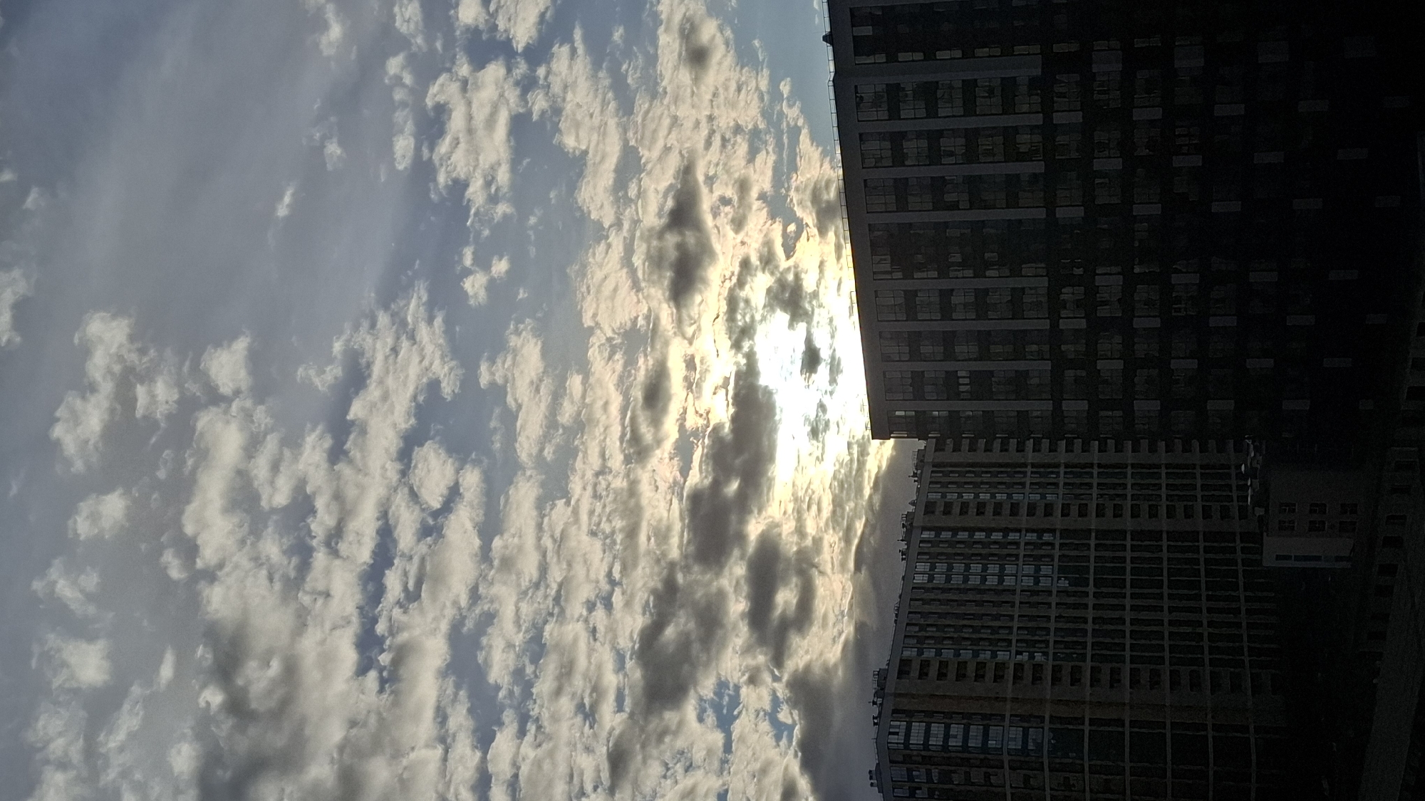 The image displays a dramatic sky interspersed with modern high-rise buildings, captured from an upward-looking perspective. The sky, predominantly in shades of blue and grey, is filled with numerous cumulus and stratocumulus clouds. A powerful, bright light source, likely the sun, is partially obscured by denser clouds, creating a radiant golden-white glow towards the center of the frame. This intense light illuminates the edges of surrounding clouds, highlighting their textures and forms, while other clouds appear darker and cast shadows, adding depth to the celestial view.
Two contemporary high-rise buildings frame the right side of the image, appearing dark and silhouetted against the bright sky. The larger building, occupying the upper right, features a regular grid of windows across its facade. Below it, another tall building is partially visible, also exhibiting a similar architectural style with numerous windows. These structures suggest a dense urban environment, with their dark facades starkly contrasting with the vivid, cloud-filled sky.
The strong backlighting suggests a time of day when the sun is relatively low, possibly mid-morning or late afternoon, creating a dynamic interplay of light and shadow. The weather is partly cloudy, with the sun breaking through. The scene is devoid of people or visible text. The architecture indicates a modern urban setting, consistent with the provided location context of Saint Petersburg, Russia.