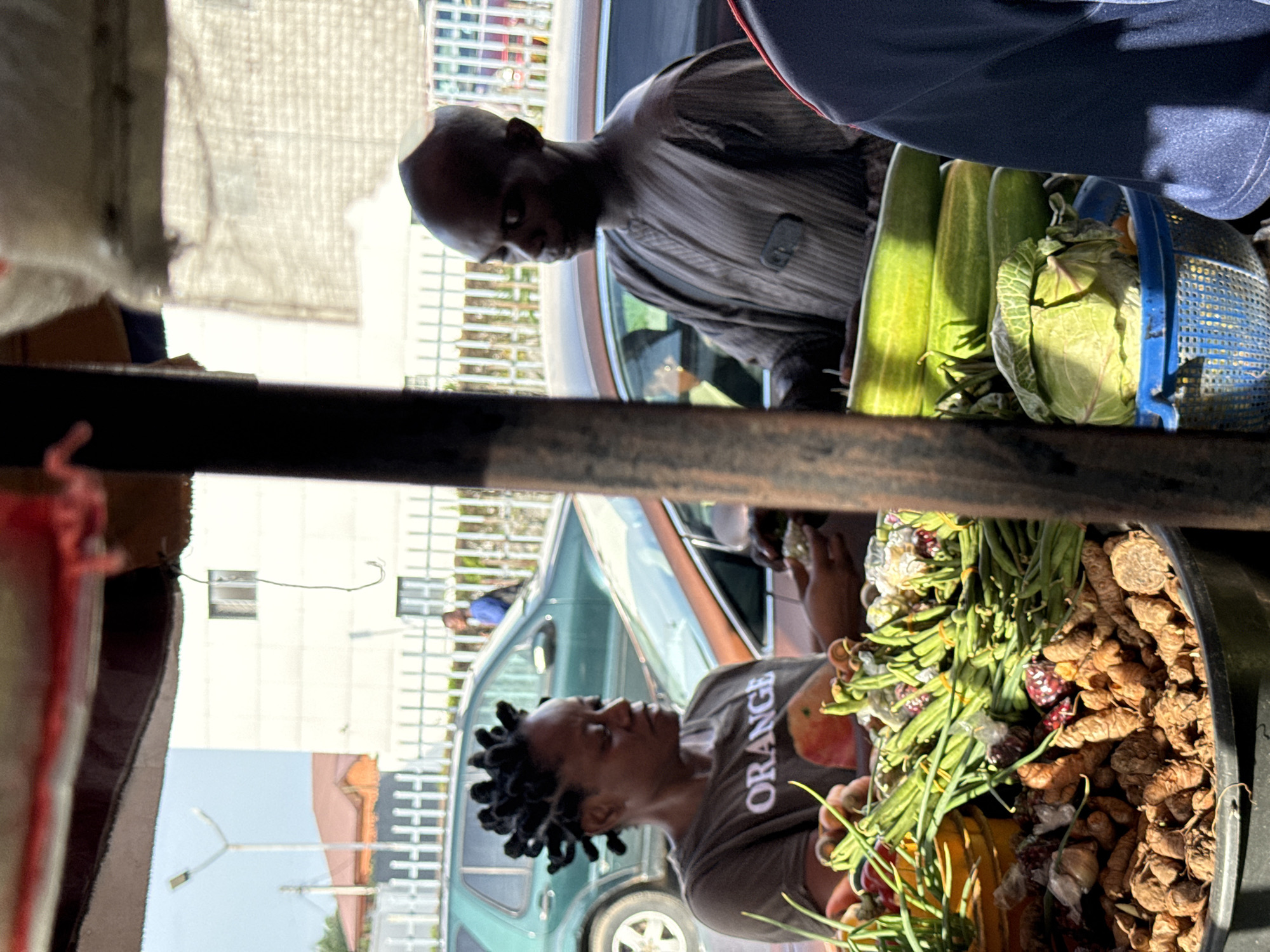 In Ado, Nigeria, a street vendor is interacting with a customer in their car. The vendor has dreadlocks and wears a "ORANGE" shirt. The vendor is selling vegetables and spices from a container, including roots, green onions, and green beans. The customer is in the car with the window down and is wearing a striped shirt. The vendor is standing on the right side of the car. The area in the background has a light-colored building with a fence.