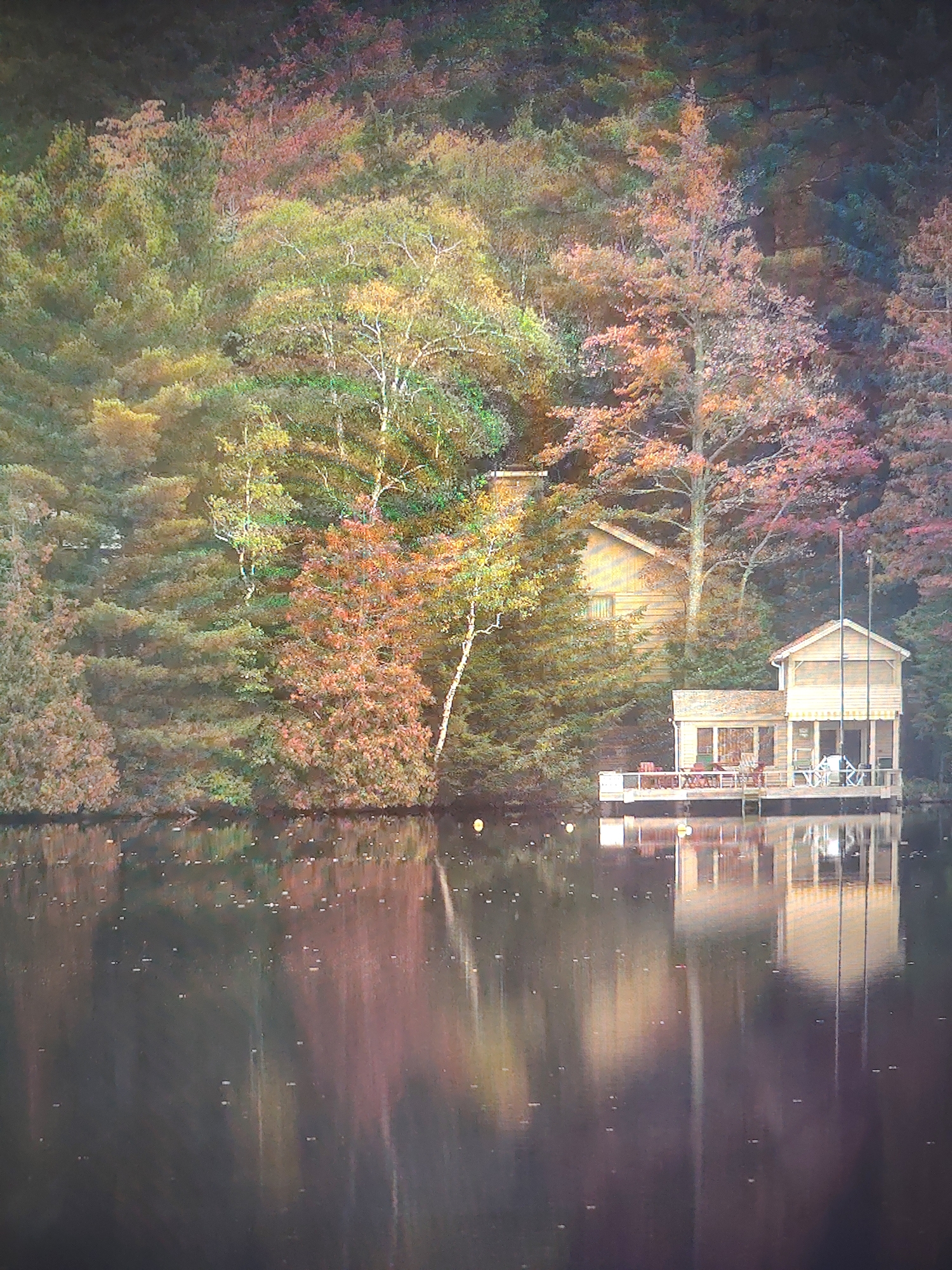 The image depicts a waterfront scene, likely a lake or large pond, fringed by a dense forest in autumn. The foliage displays a wide spectrum of autumnal colors ranging from greens and yellows to oranges, reds, and purples. A wooden structure resembling a boathouse or a waterfront dwelling with a pier is visible on the right side. Its reflection can be seen in the water. A second building is nestled among the trees further back from the water's edge. The water is calm, reflecting the surrounding landscape, and there are several light-colored floating objects on the surface. The location is unknown.