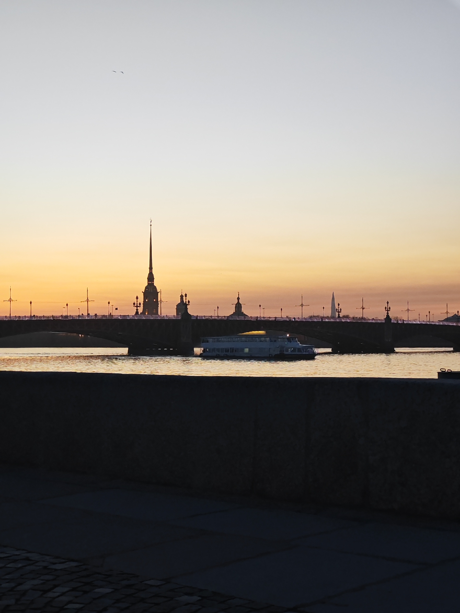 The image captures a sunset scene in Saint Petersburg, Russia, featuring the Palace Bridge silhouetted against the sky. The Peter and Paul Fortress is visible with its distinct spire. A tour boat is on the Neva River in the foreground. A low stone embankment runs along the bottom of the frame. The sky is tinted with orange and pink hues. Two birds are in flight. The Lakhta Center skyscraper is also visible in the distance on the right.
