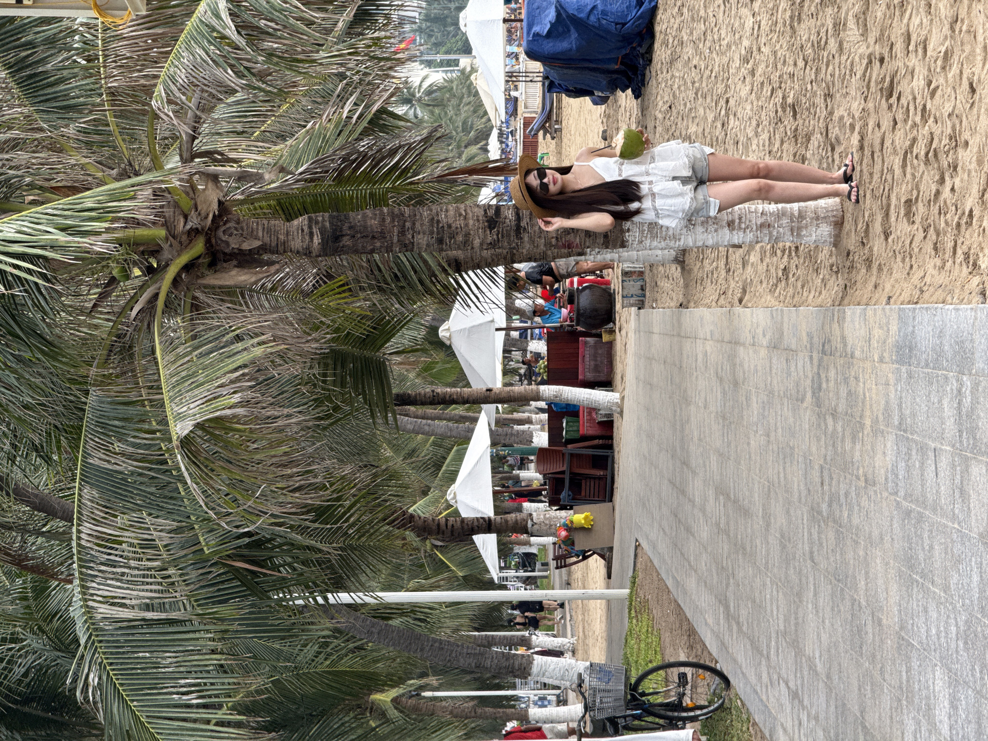 The image depicts a scene along a promenade next to a sandy beach in Nha Trang, Vietnam, likely a popular tourist area given the palm trees, beach umbrellas, and beach chairs visible in the background. In the foreground, a young woman wearing a white lace top, grey shorts, a straw hat, and sunglasses stands near a palm tree, holding a green coconut. To her left, a paved walkway borders a grassy area with a bicycle parked. Further back, several other palm trees line the walkway, some with their trunks painted white. Small food stalls or shops with white canopies are set up along the beach, with people milling about. The overall atmosphere suggests a relaxed, tropical environment.
