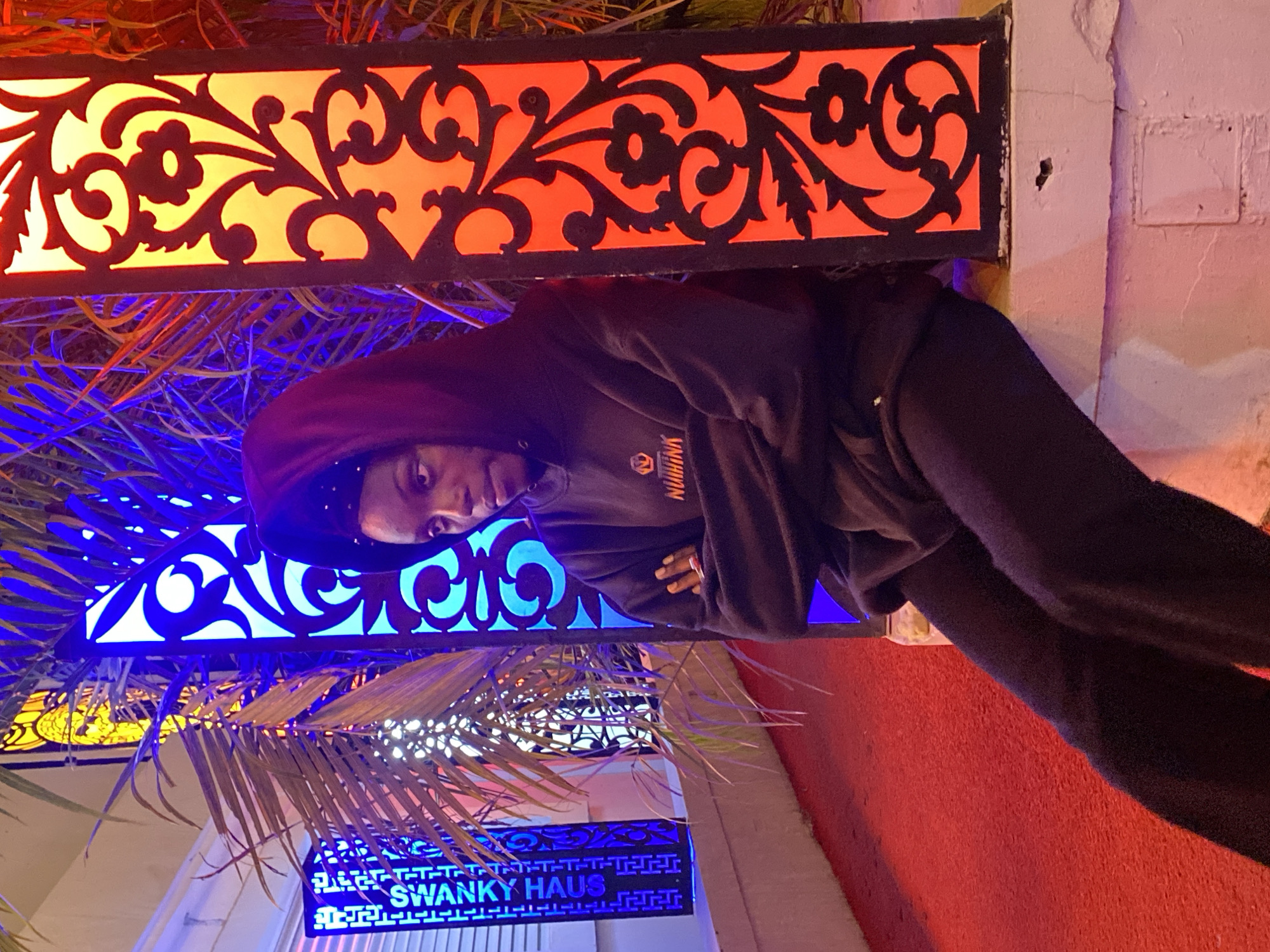 A young person with dark skin is seated on a ledge with their arms crossed. They are wearing a black hooded sweatshirt with a logo on it, a black headband, and black pants. The person is looking to their right, with their gaze directed downward. The background features two illuminated pillars with decorative cutouts. The pillar on the left is lit with blue light and displays the text "ALEGE SWANKY HAUS." The pillar on the right is lit with orange and yellow light and has an intricate floral pattern. Palm fronds are visible between the pillars, casting shadows. The ground in front of the ledge is a bright red carpet. The overall lighting suggests an evening or nighttime setting, with artificial lights creating a vibrant atmosphere. The scene appears to be outdoors, possibly in a public space or an establishment with decorative lighting.
