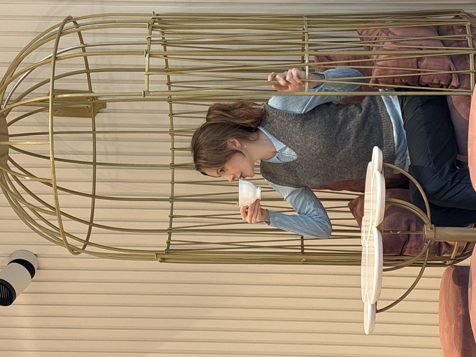 A young woman with brown hair pulled back is sitting inside a decorative gold birdcage, drinking from a white cup. She is wearing a light blue shirt, a gray sweater vest, and dark pants. Pillows in shades of brown and mauve are behind her. The background is a wall with horizontal paneling and a track light fixture. This is a whimsical scene, but the exact location in Saint Petersburg, Russia, is not determinable from the image.