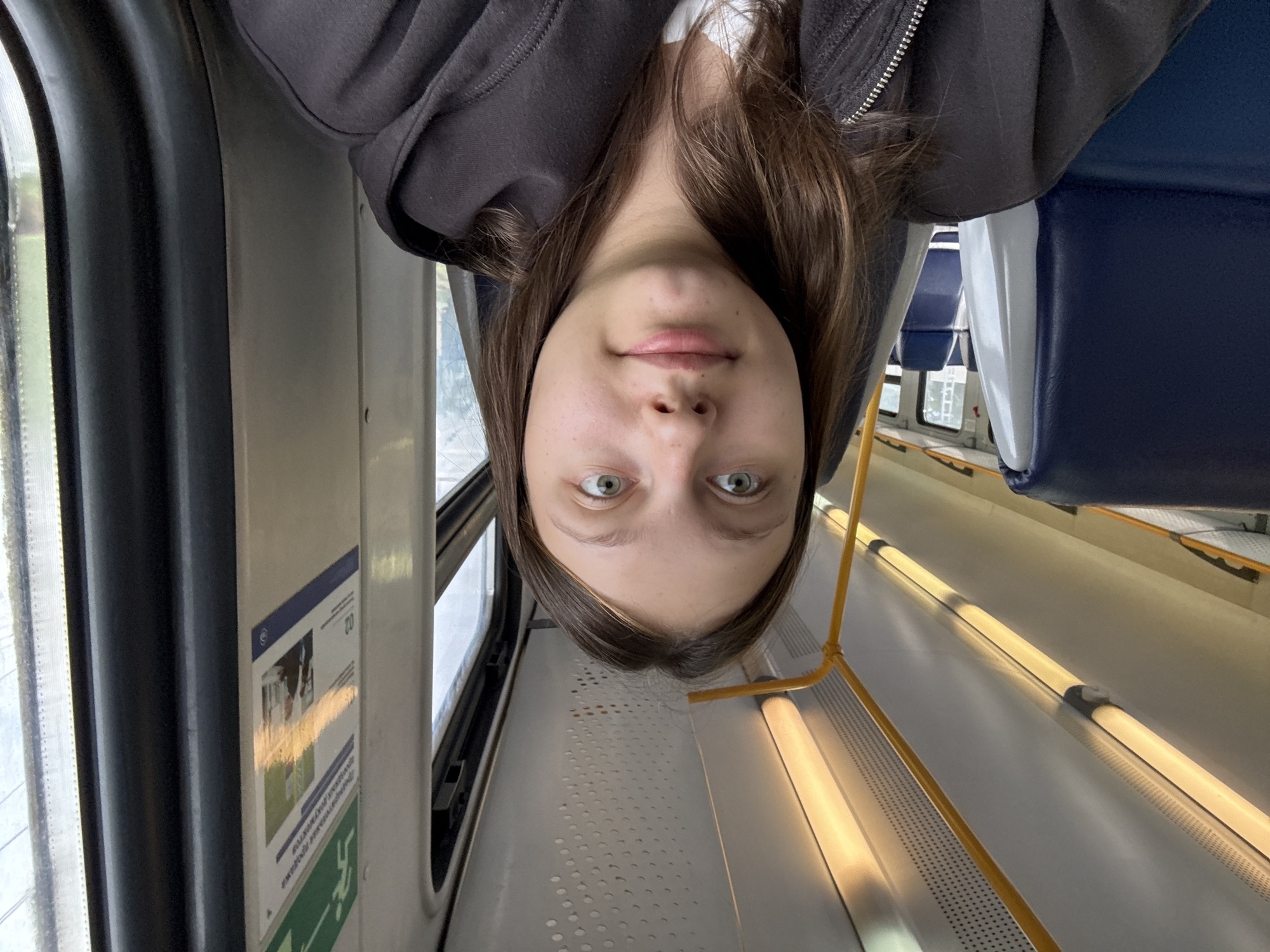 A young Caucasian female with light brown hair and green eyes is seated inside a train compartment, looking directly at the camera. She is wearing a dark gray hooded jacket over a white shirt. The train interior features blue seats, yellow handrails, and fluorescent lighting. A poster with text and images, including an emergency exit sign, is visible on the wall to the right of the subject. The window next to her shows a blurred view of the exterior. The location is identified as the train compartment of the station Krekshino, settlement Krekshino, Russia.