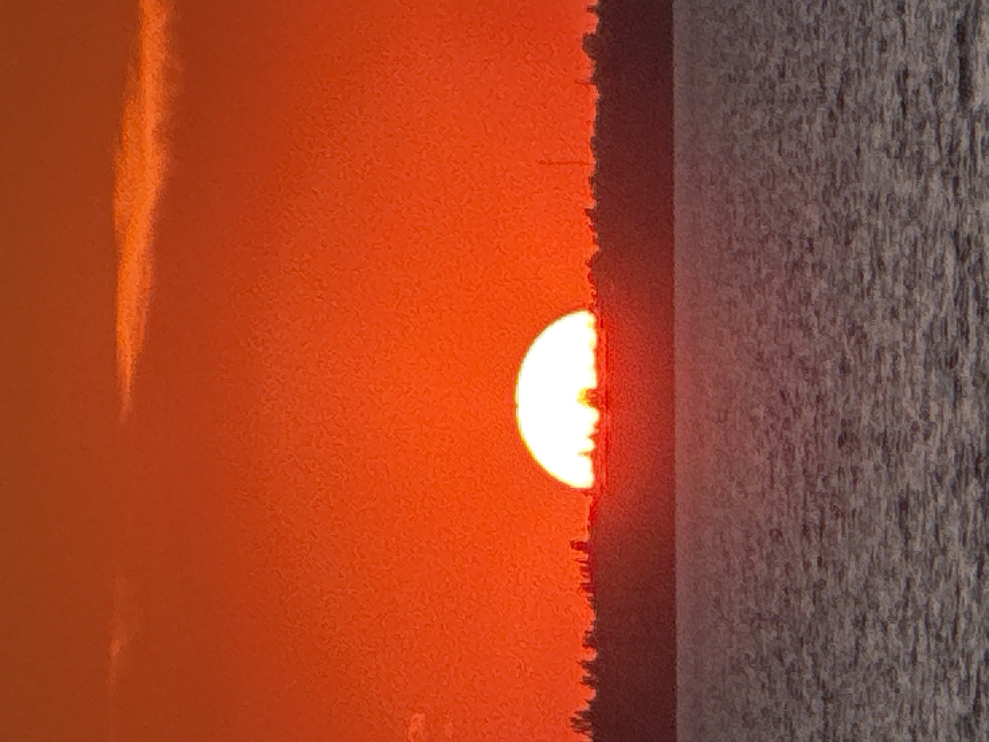 A vertical, close-up photograph captures a sunset over the Black Sea in Zatoka, Ukraine. The sky is a vibrant, saturated orange, with a thin, bright orange cloud band near the top and a softer, lighter orange hue above it. The lower portion of the sky transitions into a deeper, more intense red-orange, illuminated by the setting sun. The sun itself is a bright, white semi-circle, half-submerged on the horizon line, casting a strong, diffused glow.
Below the sky, a dark, silhouetted landmass stretches across the frame, with indistinct shapes suggesting trees or buildings along its edge. This landmass is sharply defined against the bright sky. The bottom third of the image is occupied by the Black Sea, depicted as a textured expanse of grayish-purple water. The water reflects the ambient light, showing subtle ripples and variations in tone. The overall impression is one of intense, warm colors dominating the scene.