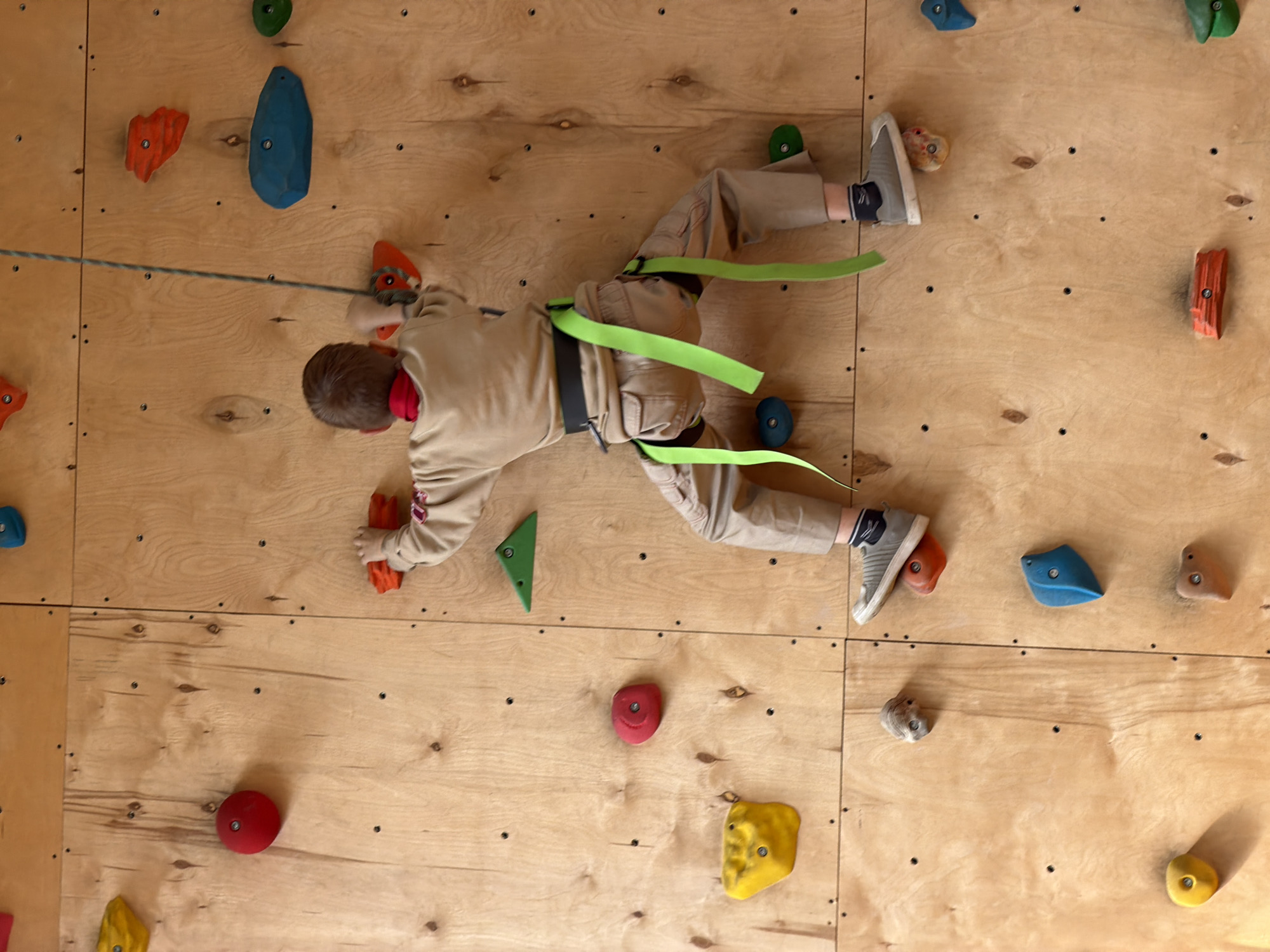 A young child is climbing an indoor rock climbing wall. The wall is made of wood panels with various colored climbing holds attached. The child is wearing tan pants, a tan sweatshirt, and gray shoes with navy accents. They are also wearing a climbing harness with green straps. The child is attached to a rope secured to the top of the wall. The photo was likely taken in Izhevsk, Russia.