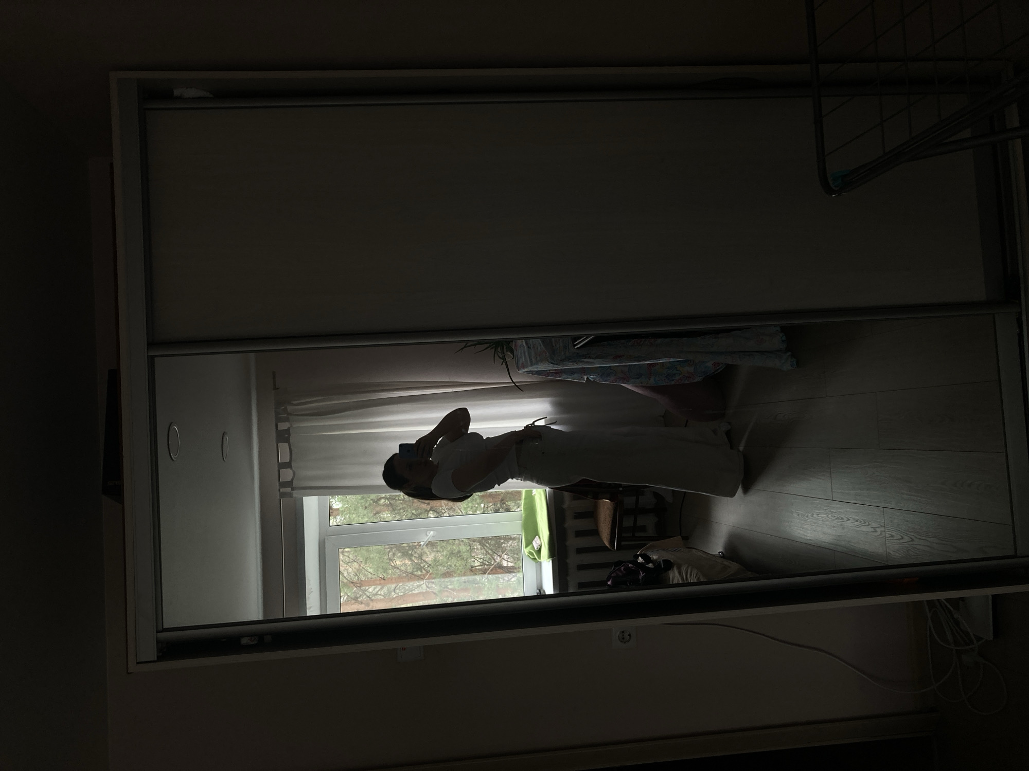 The image shows a reflection in a mirrored wardrobe or sliding door. The reflection reveals a room with a window looking out onto a view of trees. A woman is seen holding a phone, possibly taking a photo or video. There are various household items within the room, including what appears to be a bed or bedding, a chair, and other miscellaneous items. The lighting is somewhat dim, making details less distinct. There is no explicit information about the location being the city of Chaikovsky, Russia.