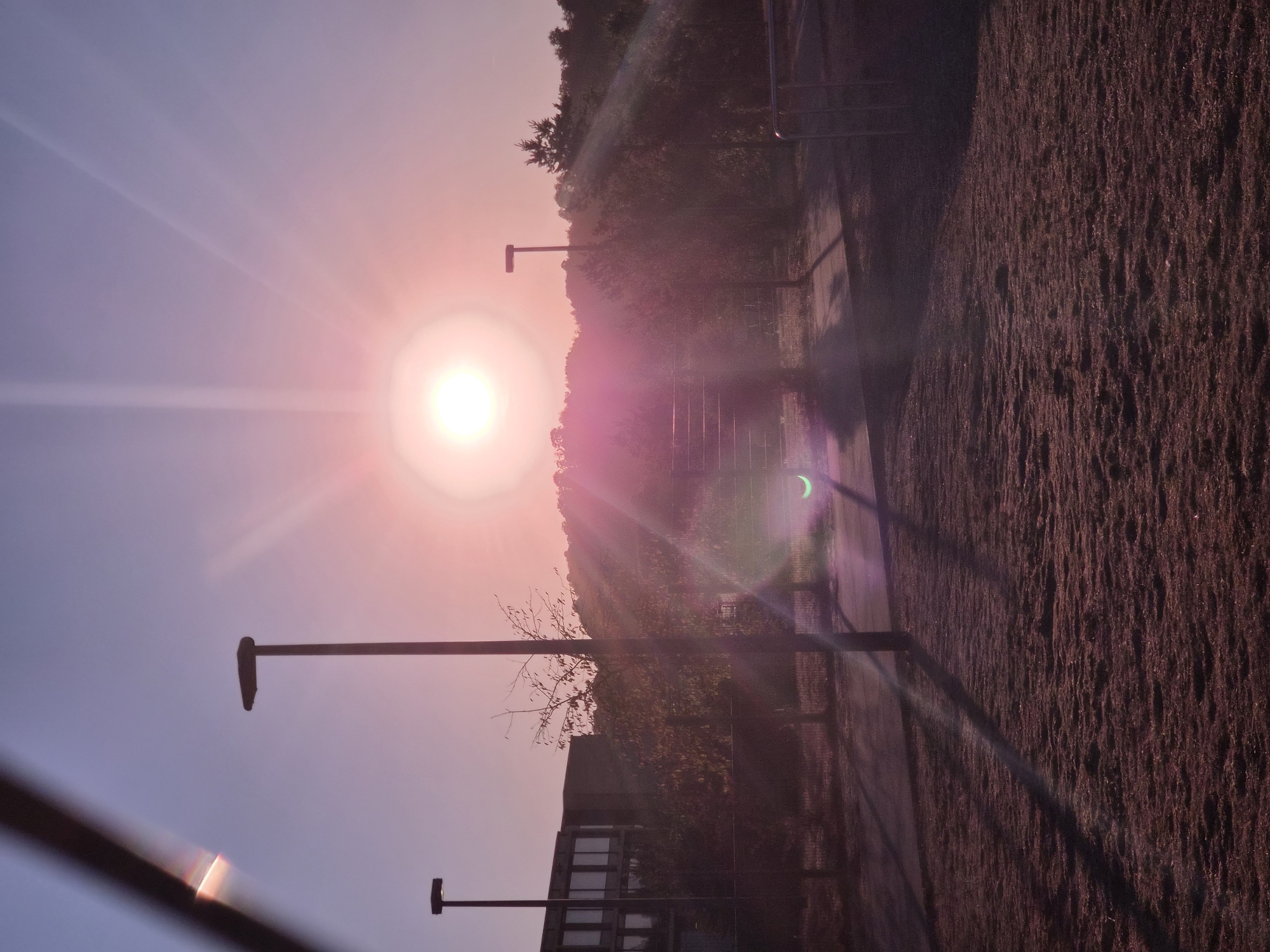 The image captures a sunset or sunrise scene with the sun prominently displayed in the center, casting long shadows and lens flares. In the foreground, there is a grassy area, possibly a park or field, with some textured ground cover. Two streetlights are visible, one in the middle ground and another further back. Behind the streetlights, there is a building with windows and trees with sparse foliage. The sky transitions from a pale blue at the top to a warm pinkish-orange near the sun. A crescent-shaped object, possibly indicating a partial solar eclipse, is visible to the right of the sun's glare. The overall scene suggests an outdoor urban or suburban environment, given the presence of the building and streetlights, in Sanem, Luxembourg.