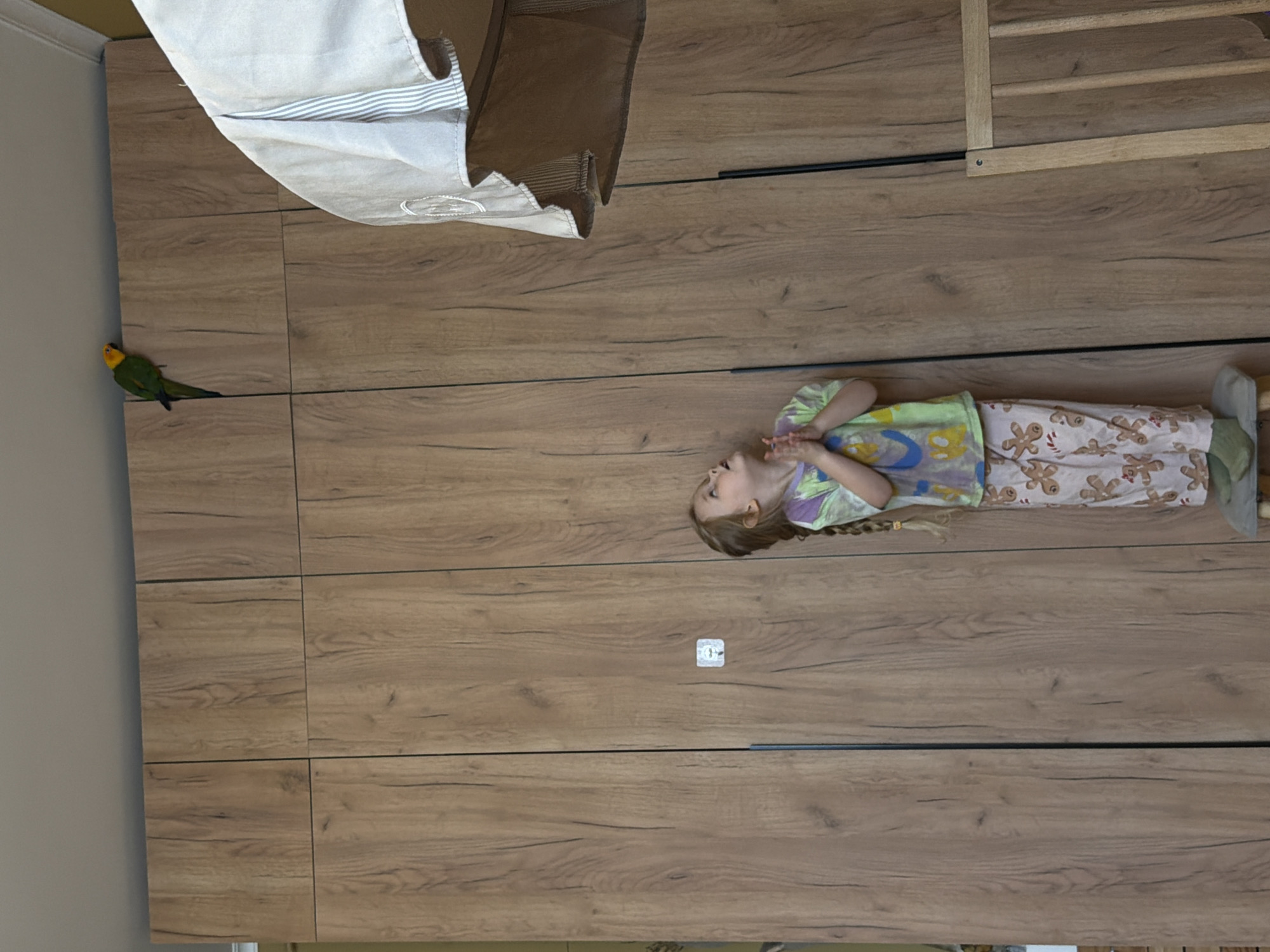 A girl is lying on a wooden floor in a room with a bird perched on the wall. The girl is wearing pajamas with a yellow and blue shirt and patterned pants with gingerbread men. A small white object is on the floor near her. A tan laundry hamper is in the upper-left corner, and a wooden structure with slats is in the upper-right corner. The location is in Khimki, Russia.