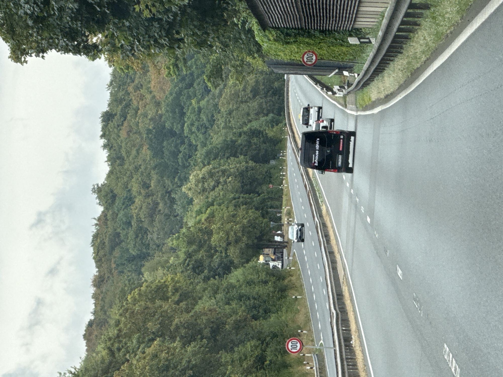 An overcast day shows a multi-lane highway in Herzberg, Germany. The road curves to the right, bordered by a metal guardrail on the right and a grassy embankment dotted with trees and vegetation on the left. Speed limit signs indicating 100 are visible on both sides of the road. Traffic includes a black van with "Zuhause zählt's" written on the back, a white car, and a yellow taxi. In the distance, a large truck is visible on the highway. The surrounding landscape is densely wooded with a hillside covered in green trees under a cloudy sky.