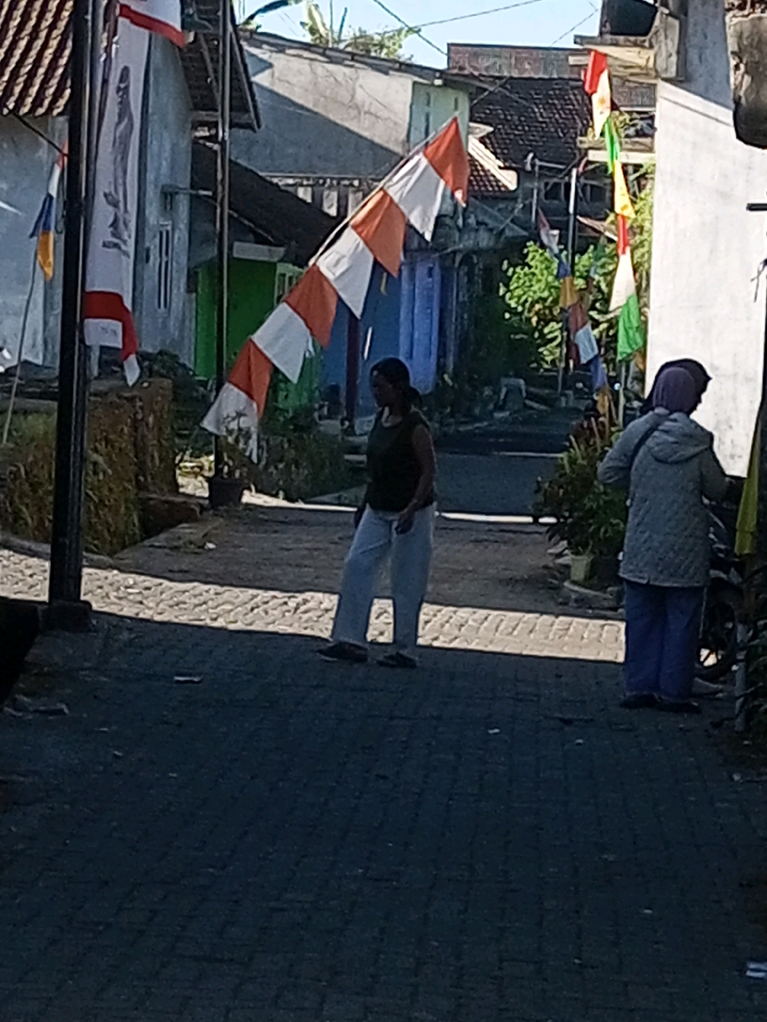 The image depicts a narrow, paved street in Andongsili, Indonesia, likely a residential area, lined with buildings of varying architectural styles and colors, including a light blue building on the left with a tall, vertical banner displaying a figure, and a white building on the right. The street is decorated with numerous Indonesian flags, predominantly red and white, strung across the pathway. Two women are visible. One, on the left, wears a dark sleeveless top and light-colored pants, standing and facing towards the right. The second woman, on the right, is seen from behind, wearing a quilted grey jacket over dark pants and a purple headscarf, and appears to be interacting with an object out of frame to her right, possibly a motorcycle. Sunlight casts strong shadows, indicating a bright day. Vegetation, including potted plants, is present along the sides of the street.