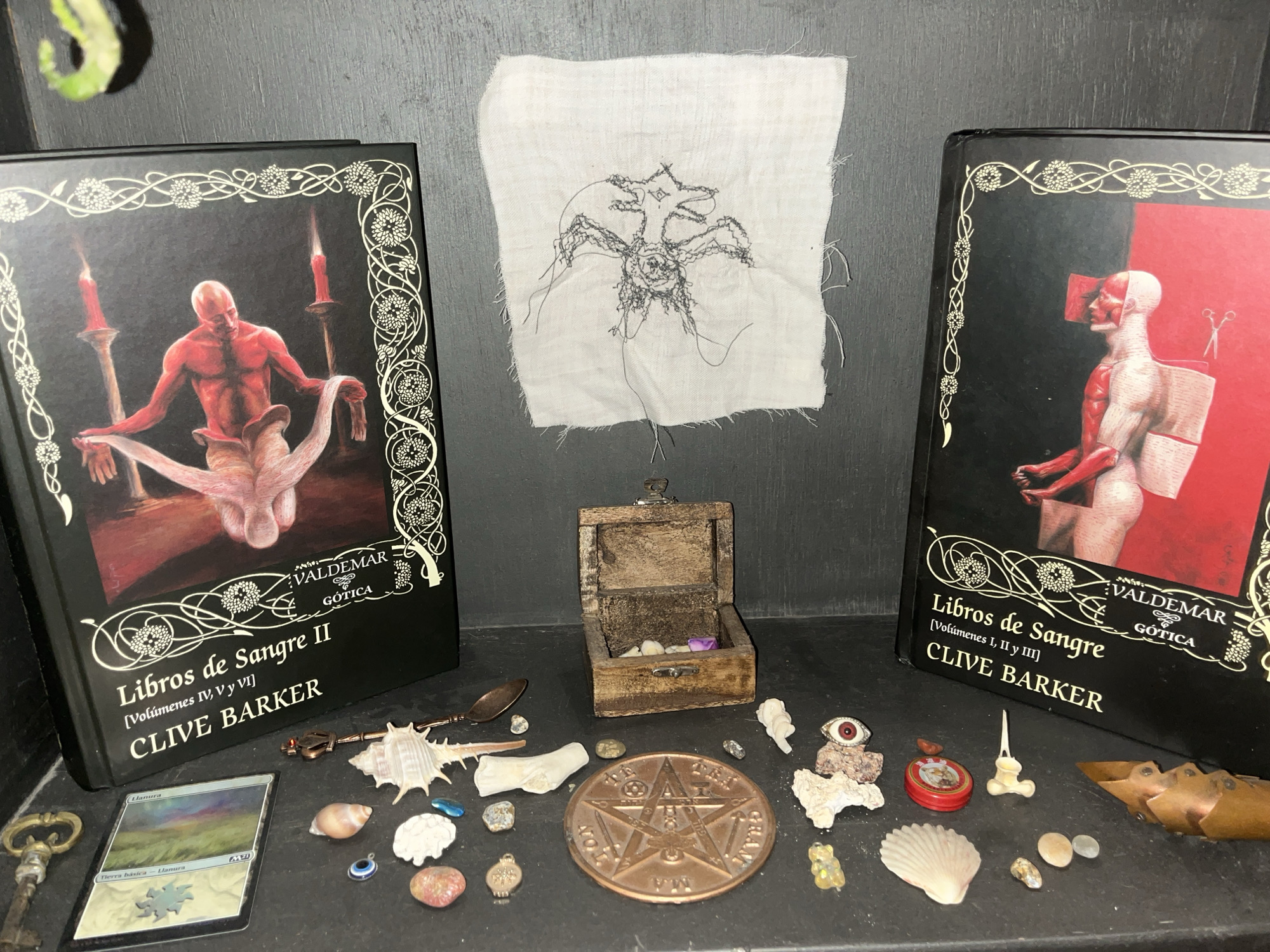A dimly lit, staged occult shelf features a variety of objects. Centered, a small wooden chest is open, revealing small stones and a purple object inside. To the left and right stand two black hardcover books by Clive Barker, titled "Libros de Sangre." The book on the left is Volume II and features a red figure seated with flowing white material. The book on the right is Volume I and features a red and white figure with scissors nearby. Between the books, a square piece of white fabric with a dark, spidery embroidery hangs. On the shelf below, numerous small items are scattered: a bronze pentagram, an "eye" amulet on a rock, seashells, small bones, stones, decorative spoons, and a "Llanura" Magic the Gathering card. A tarnished key lies on the lower left. The background is dark and indistinct. Location: Unknown, but not necessarily in Buenos Aires, Argentina.