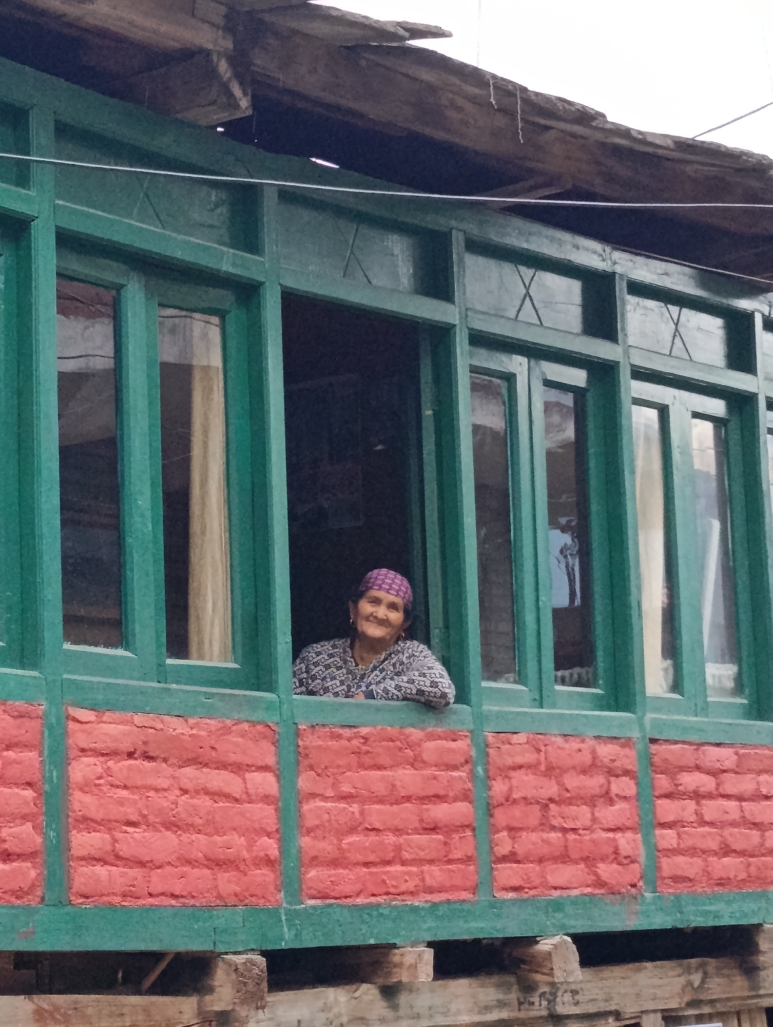 An elderly woman with a warm, gentle smile looks out from an open window of a traditional building in Naggar, India. She rests her forearms on the green-painted wooden window frame, her head slightly tilted. She wears a patterned top, possibly in shades of grey and white, and a purple and white patterned headscarf or bandana.
The building features an ornate upper story with multiple window panes framed in a striking dark green wood. The top section of the window structure has decorative "X" patterns carved into the wood. Below the windows, the wall is composed of vivid red bricks, giving a strong contrast to the green framework. Above the windows, a rustic, weathered wooden roof structure is visible, suggesting traditional construction. A thin, horizontal wire or cable runs across the upper part of the image, in front of the roofline and window frame.
The scene is set during the daytime, under what appears to be an overcast sky, providing soft, diffused lighting. The architecture, with its prominent green window frames, red brickwork, and wooden roof, is characteristic of the Himalayan region, aligning with the specified location of Naggar. Faint, partially visible text, including the letters "PE," appears on some wooden beams supporting the structure below the red brick wall.
