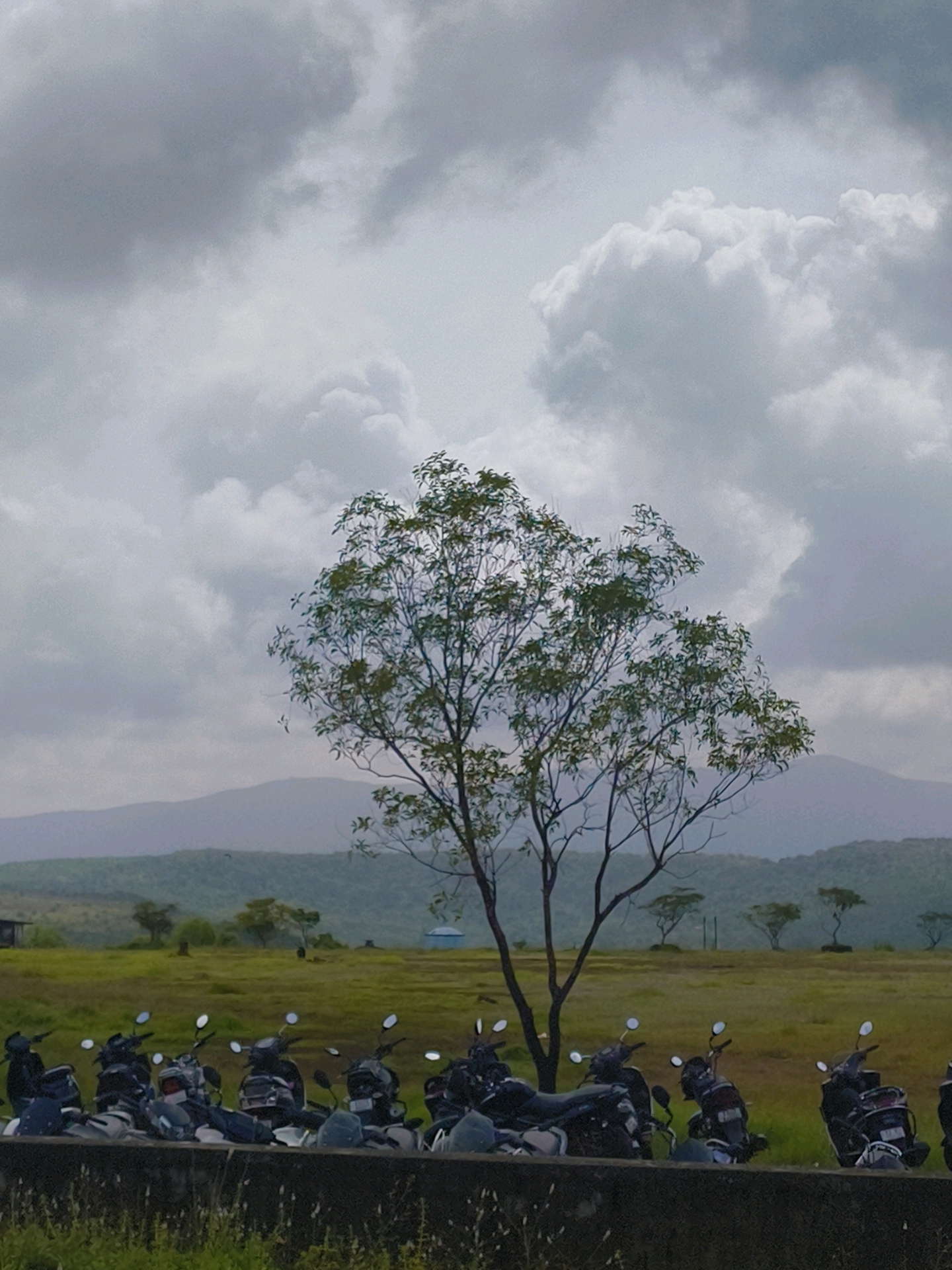 The image depicts a wide shot of a landscape in Bhatkal, India, under a cloudy sky. In the foreground, a line of parked motorcycles is visible, with their handlebars and seats clearly defined. A stone barrier runs along the front of the motorcycles. Behind the motorcycles, a grassy field stretches into the distance, dotted with several small trees and a distant blue structure. A lone tree with sparse foliage stands prominently in the mid-ground. In the background, rolling hills are shrouded in a hazy atmosphere, indicating a potentially overcast or humid day. The overall scene suggests an outdoor resting or parking area adjacent to a natural landscape.