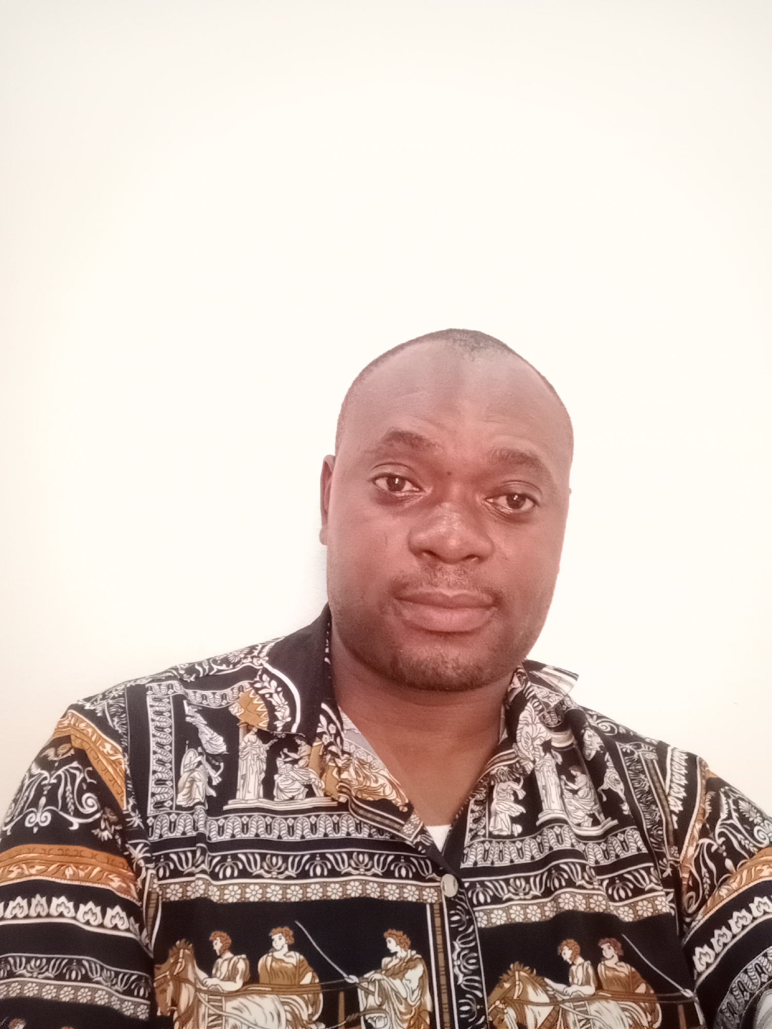 An adult man is featured in a head-and-shoulders portrait, looking directly at the camera with a neutral to slightly contemplative expression. He has dark skin, a cleanly shaved head, and very short facial hair (stubble) visible around his chin and jawline.
He is wearing a short-sleeved, collared shirt with a highly intricate and distinctive pattern. The shirt's primary colors are black, white, and a golden-brown or beige. The pattern appears to depict scenes and figures reminiscent of ancient Roman or Greek art, including standing individuals, architectural elements, and people riding in chariots pulled by horses. The designs are arranged in horizontal bands and repeated motifs across the fabric.
The man is positioned against a plain, light-colored wall, which provides an uncluttered background and highlights his features and clothing. The lighting is soft and even, suggesting an indoor setting. No specific activity is depicted beyond posing for the photograph. The image captures a straightforward portrait, likely taken in Gwarinpa, Nigeria. There is no visible text in the image.