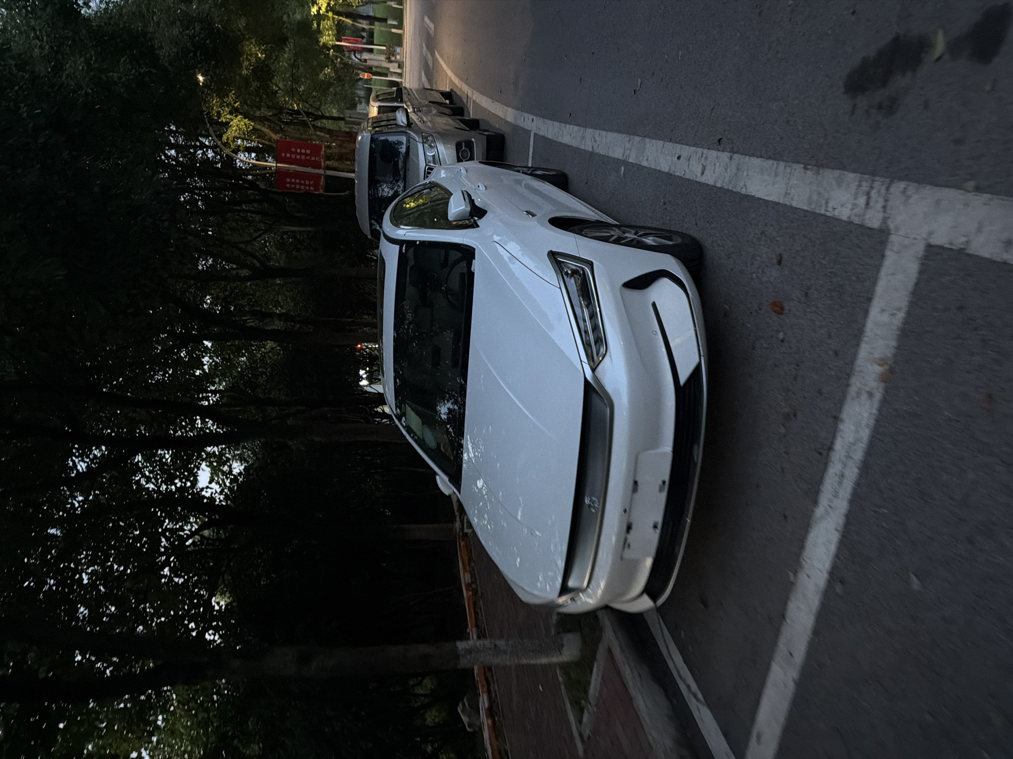 In the city of Jiangjin, China, a white sedan is parked on a street at dusk, with trees lining the sidewalk and road. The car, facing forward, is parked within designated white lines on the asphalt. Behind it, two other vehicles are visible: a silver SUV and another vehicle partially obscured. A sidewalk with red brick paving and a concrete curb runs alongside the road. The background is dominated by dark trees, some with visible trunks, and a faint light source suggests streetlights are present, illuminating the scene with a warm glow. Red banners are visible on poles in the distance, indicating a public area. The overall atmosphere is tranquil, with the approaching evening casting long shadows.