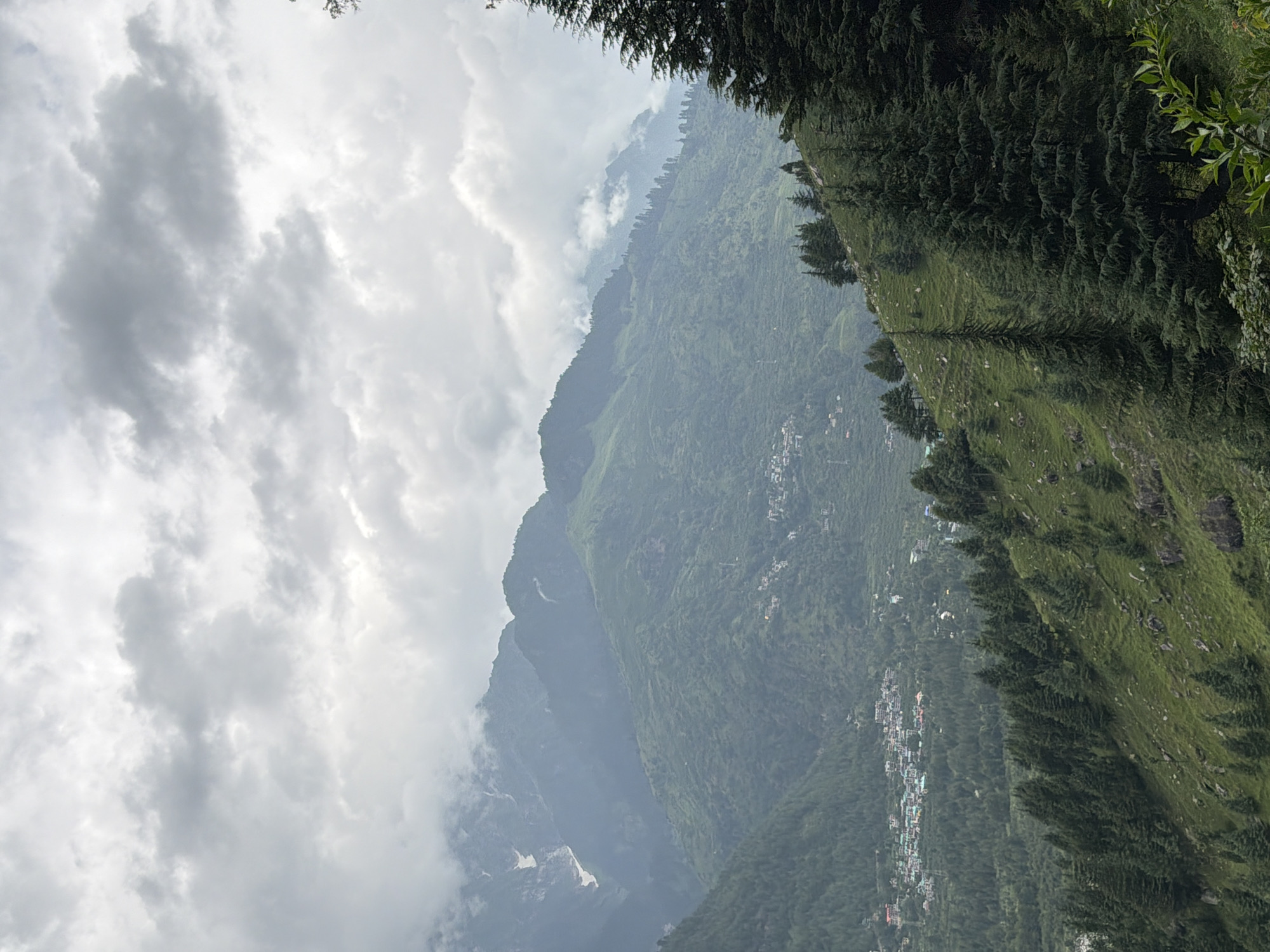 This is a vertical, eye-level, medium shot of a mountainous landscape in Bahang, India. The sky is filled with dramatic, overcast clouds, ranging from light gray to dark gray. The mountains are covered in lush green vegetation, with patches of snow visible on the higher peaks. In the distance, a small village with white buildings and red roofs is nestled in the valley. The foreground is dominated by a steep, grassy slope dotted with numerous tall, dark green coniferous trees. A few scattered rocks are visible on the slope. The overall impression is one of natural beauty and tranquility.