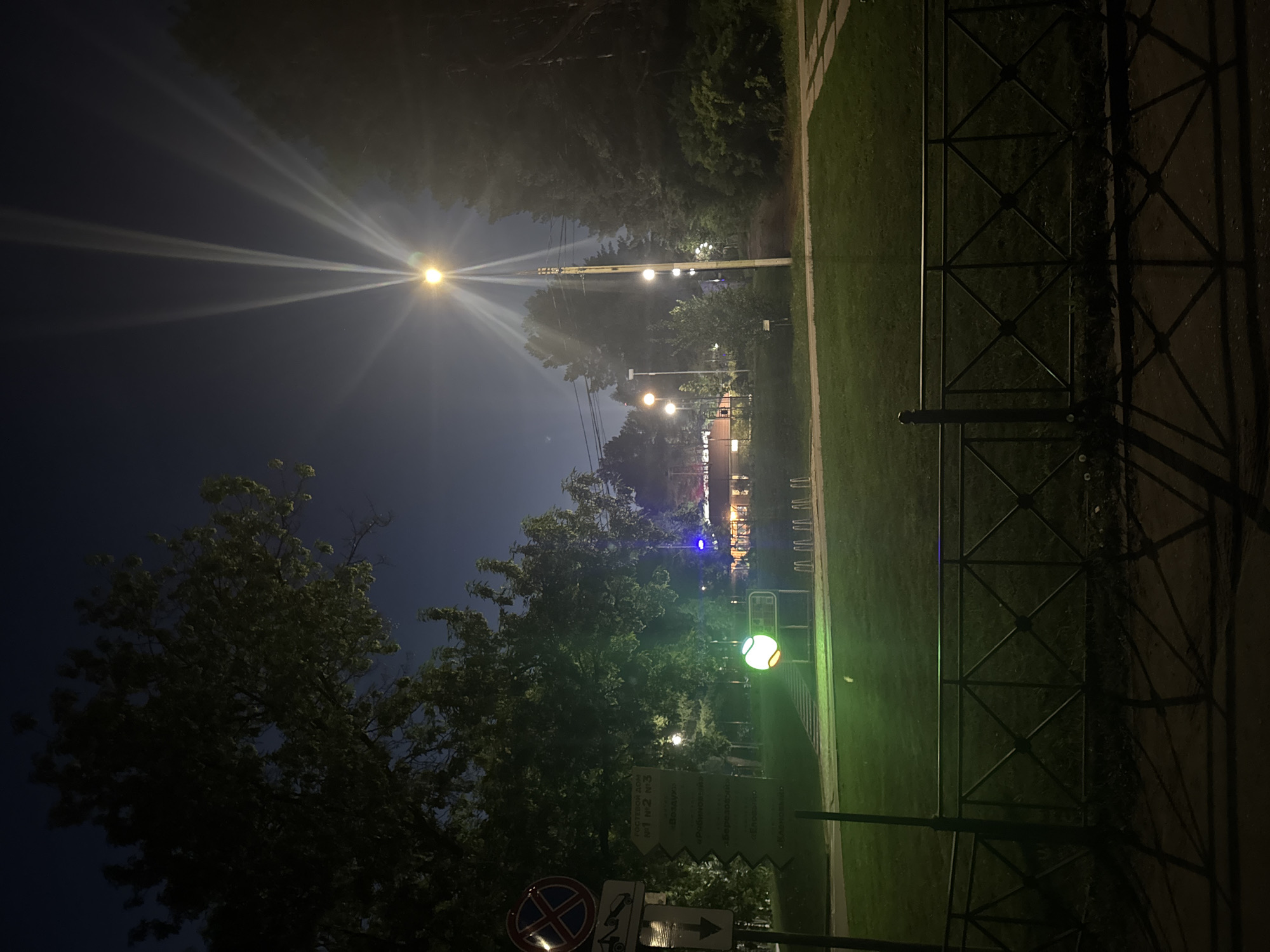 The image shows a night scene in Izhevsk, Russia. A row of streetlights illuminates a park area with grass, trees, and a wrought iron fence running along the side. One brightly lit lamppost dominates the center of the frame. There are also a few signs in Russian, a green-lit sphere-shaped light, and a bicycle rack.