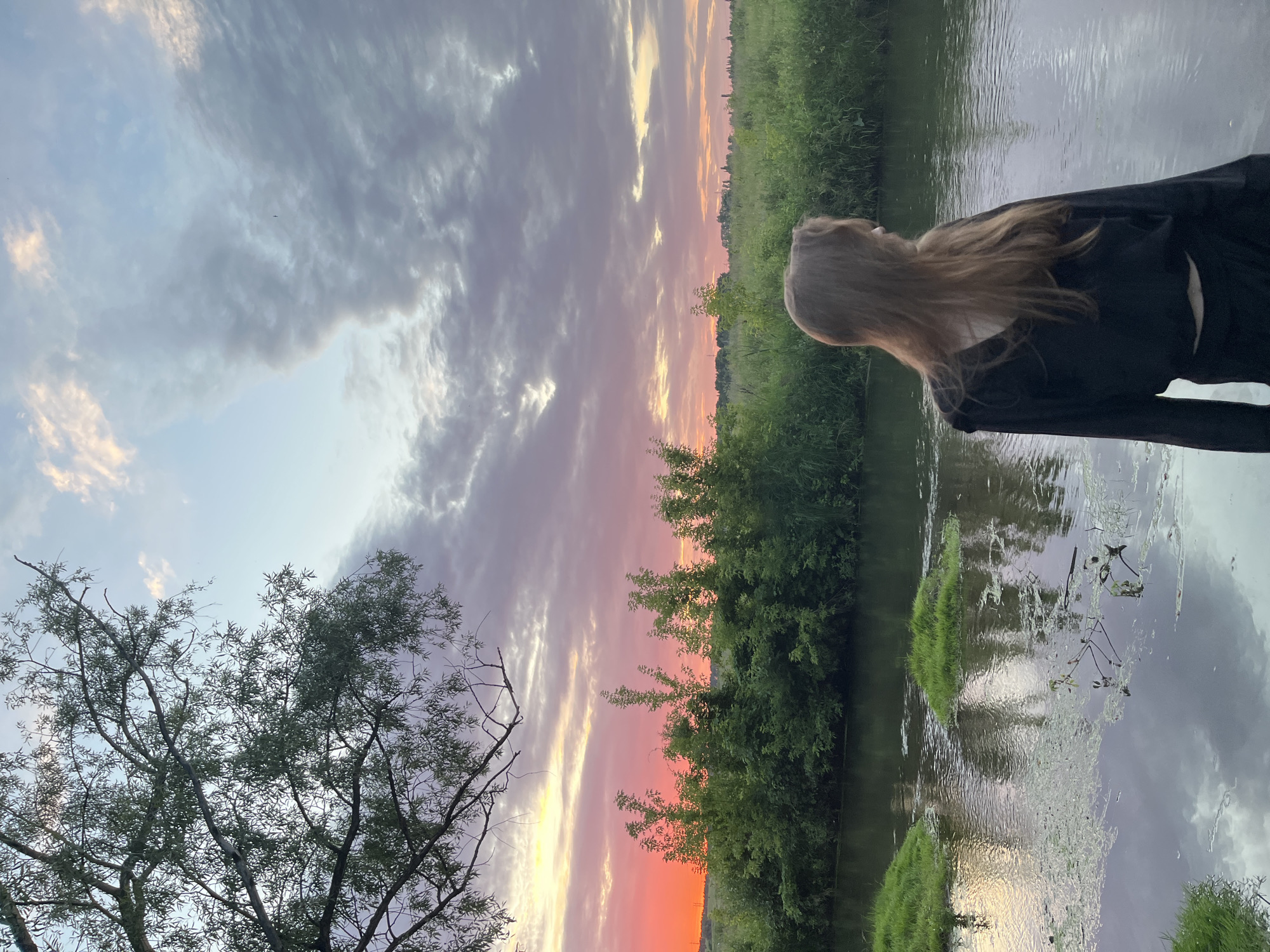 The image displays a serene natural landscape at dusk. A young woman with long, blonde hair is seen from behind, looking out over a body of water. She is wearing dark clothing. The water reflects the colorful sky, which is a gradient of soft blues, pinks, and oranges, indicating the sunset. Lush green trees and vegetation line the banks of the water. In the foreground, the branches of a leafy tree are visible. The scene evokes a sense of tranquility and contemplation. The time of day is clearly sunset, and the weather appears calm, with the water still. The location is implied to be a natural setting near Ashkadar, Russia, possibly a river or lake. There is no visible text in the image.