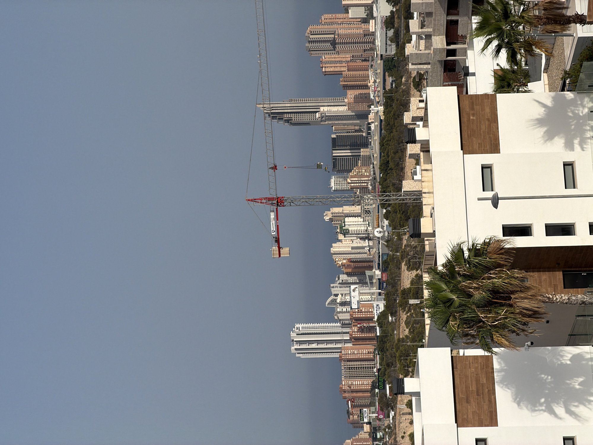 The image depicts a cityscape under a hazy, grey sky in Finestrat, Spain. In the foreground, two modern white buildings with wooden accents are visible. A large palm tree is positioned between them, casting a shadow on the building to the left. In the middle ground, a dense line of trees separates the foreground buildings from the city's skyline.
The skyline is dominated by numerous tall buildings, including several high-rise apartment blocks and office buildings. A prominent red and white construction crane is positioned on the right side of the frame, extending over the city. Another, smaller crane is visible further to the left. Signs for "OUTLET ACTION" and "CENTRO COMERCIAL" are visible on some of the buildings in the mid-ground, indicating commercial activity. The overall impression is of a developed urban area with ongoing construction.