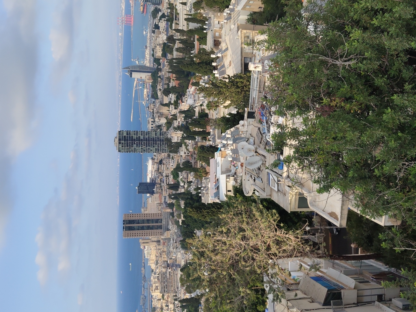 This image provides an aerial view of the city of Haifa, Israel, looking towards the Mediterranean Sea. In the foreground, dense green foliage obscures a portion of the frame, with visible trees and shrubs. Below the foliage, a residential area with apartment buildings is apparent, characterized by flat roofs, balconies, and air conditioning units. Several satellite dishes are prominent on one of the building rooftops, along with some debris.
Further into the city, a mix of lower-rise buildings and taller structures can be seen. A distinctive dark-colored, rectangular skyscraper stands out, as does another modern, slender skyscraper with a glass facade, and a curved white building. In the distance, the port of Haifa is visible, with cranes, ships, and industrial structures. The blue sea stretches to the horizon, meeting a sky with scattered white clouds. The overall scene depicts a coastal urban landscape under a daytime sky.