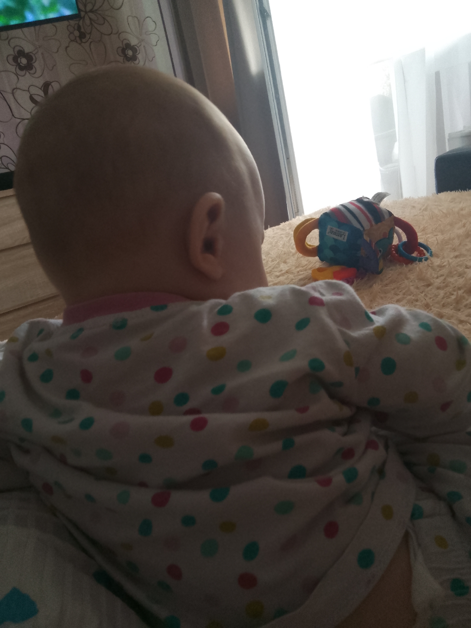 A baby is seen from behind, sitting on a light brown, fuzzy surface, possibly a bed or blanket. The baby is wearing a white pajama set with colorful polka dots in pink, yellow, and teal. The baby's head is bald. To the right of the baby, a colorful baby toy is placed on the surface. The background shows a window with bright light coming through, suggesting daytime. There are curtains visible near the window. The overall impression is an indoor scene, likely a nursery or bedroom.