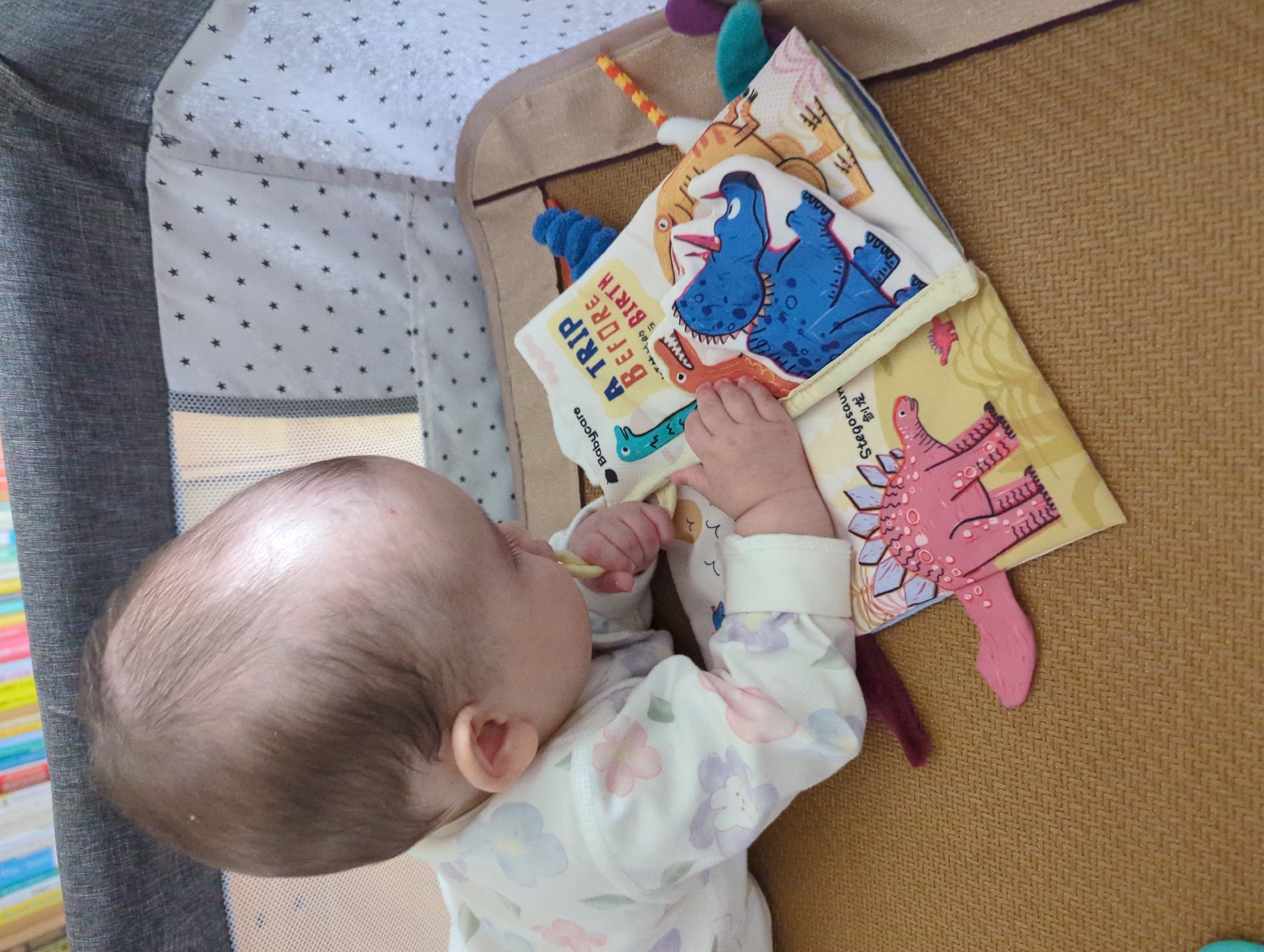 A baby lies on their back in a crib, grasping a soft, colorful book depicting dinosaurs. The baby wears a white onesie with pastel floral patterns. The book features a blue dinosaur on one page and a pink one on another. The crib has a tan-colored woven surface and a patterned interior with stars. The book is labeled "Babycare" and includes Chinese characters.