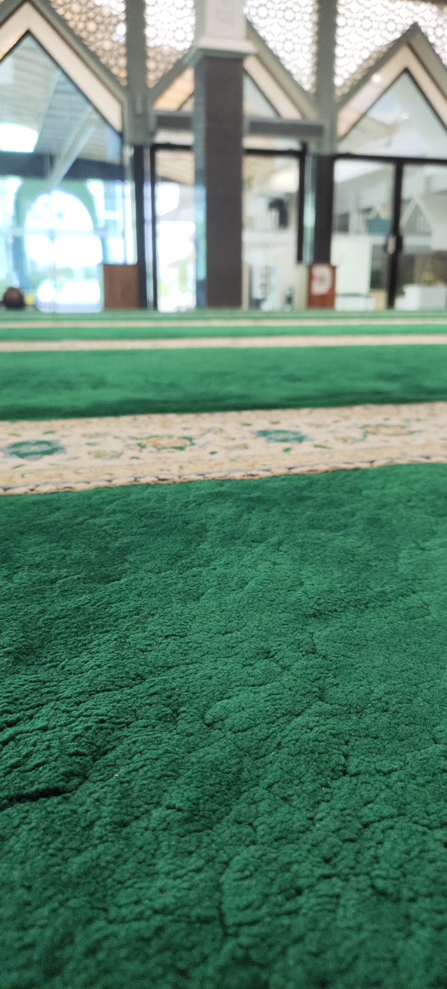 The image depicts the interior of a mosque, likely in Jatirejo, Indonesia, with a focus on the prayer carpet. The carpet is a vibrant green, with a textured, plush surface that fills the foreground and extends into the middle ground. A narrow strip of carpet with a beige background and a subtle patterned border runs horizontally across the image, separating sections of the green carpet.

In the background, the mosque's architecture is visible. Pillars, possibly made of dark wood or stone, support a ceiling with intricate geometric patterns, suggesting Islamic design. Large glass windows allow natural light to enter, illuminating the space and reflecting the outdoors. Beyond the windows, the scene is blurred, but hints of interior spaces or perhaps a courtyard can be discerned. The overall impression is one of a serene and well-maintained prayer space. No people or specific actions are clearly visible in the frame.
