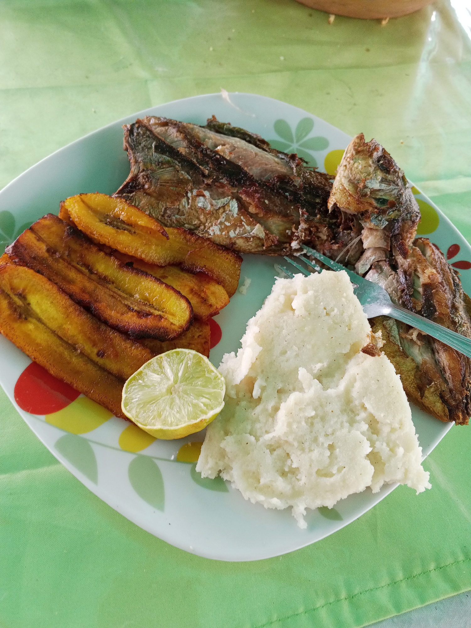 The image presents a plate of food, likely photographed in Tinaquillo, Venezuela. The plate is white with a floral pattern in yellow, green, and red. It contains: fried fish (brown and slightly charred), fried plantains, a dollop of white mashed food (possibly yucca or plantain), and half a lime. A metal fork rests on top of the fish and the white mash. The plate sits on a light green tablecloth with a subtle grid pattern.