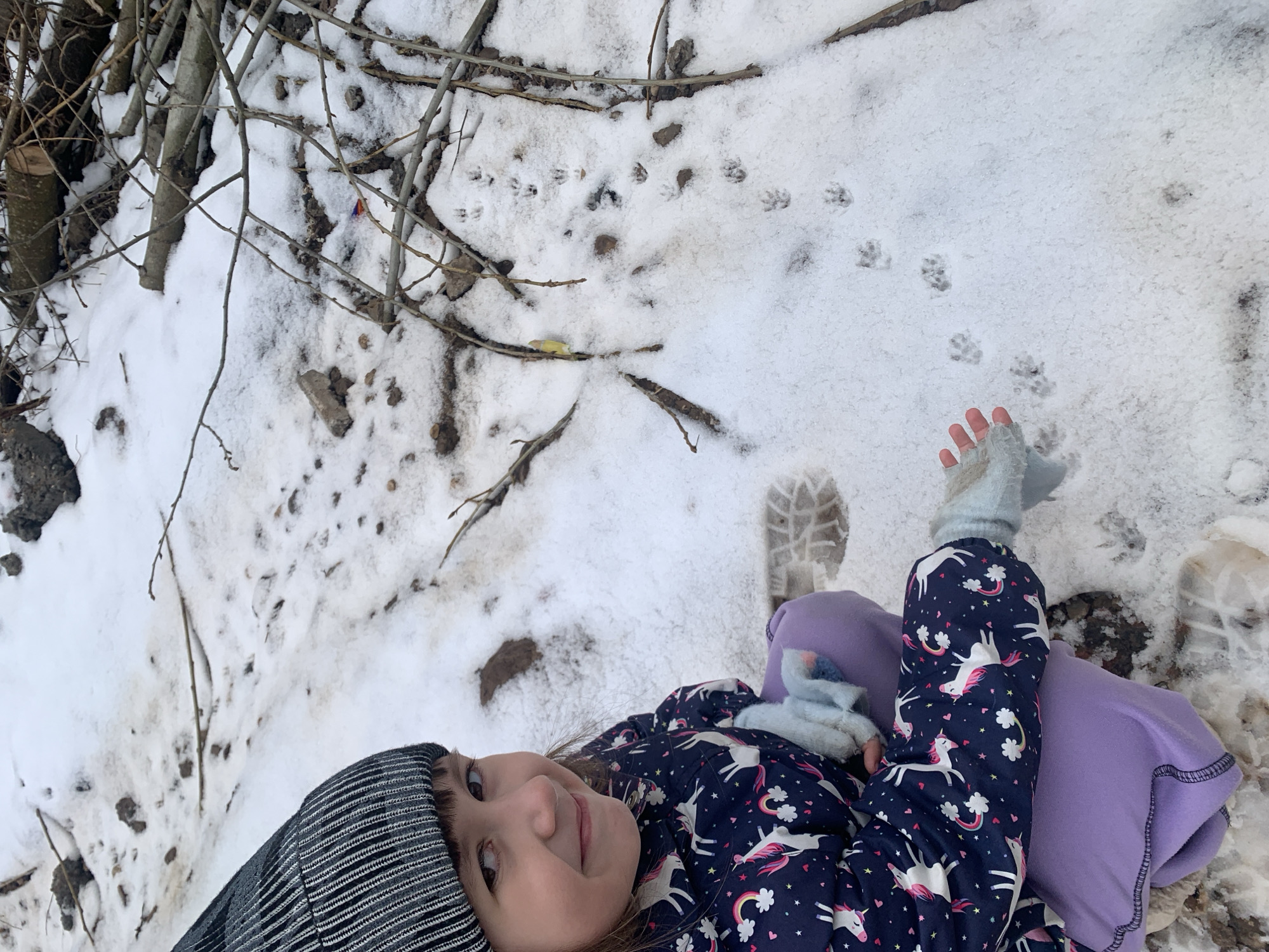 The image shows a young girl lying on snow-covered ground. She is wearing a striped hat, a blue jacket with unicorns and rainbows, and purple pants. She is wearing light blue gloves. A single shoe print is visible in the snow near her. There are small animal tracks in the snow. There are tree branches to the upper left side of the frame. The background consists of snow and patches of bare ground. There is no information to conclude the image was taken in Chaikovsky, Russia.