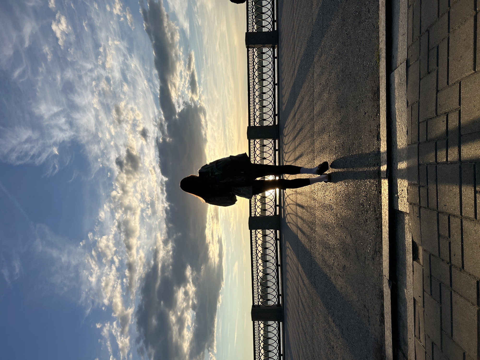 This is a vertically oriented, full-shot photograph of a lone individual standing on a paved walkway near a body of water, possibly a river or canal. The person is silhouetted against a bright, setting sun, which casts long, dramatic shadows across the walkway and illuminates the clouds in the sky.
The subject, seen from behind, is wearing dark clothing, possibly a jacket and pants, and white socks with dark shoes. Their posture is relaxed, suggesting they are enjoying the view or a moment of quiet reflection.
The walkway is bordered by an ornate metal railing with circular motifs and granite pillars. Beyond the railing, a body of water is visible, reflecting the light of the setting sun. The walkway itself is paved with dark asphalt and has a section of brick paving to the right.
The sky is filled with a mixture of dramatic, wispy clouds and darker, more solid formations, all beautifully lit by the warm, golden hues of the sunset. The overall mood is serene and peaceful, enhanced by the soft, diffused light and the vastness of the sky. The time of day is clearly evening, during the golden hour. There is no visible text in the image. The location is Novokuybyshevsk, Russia.