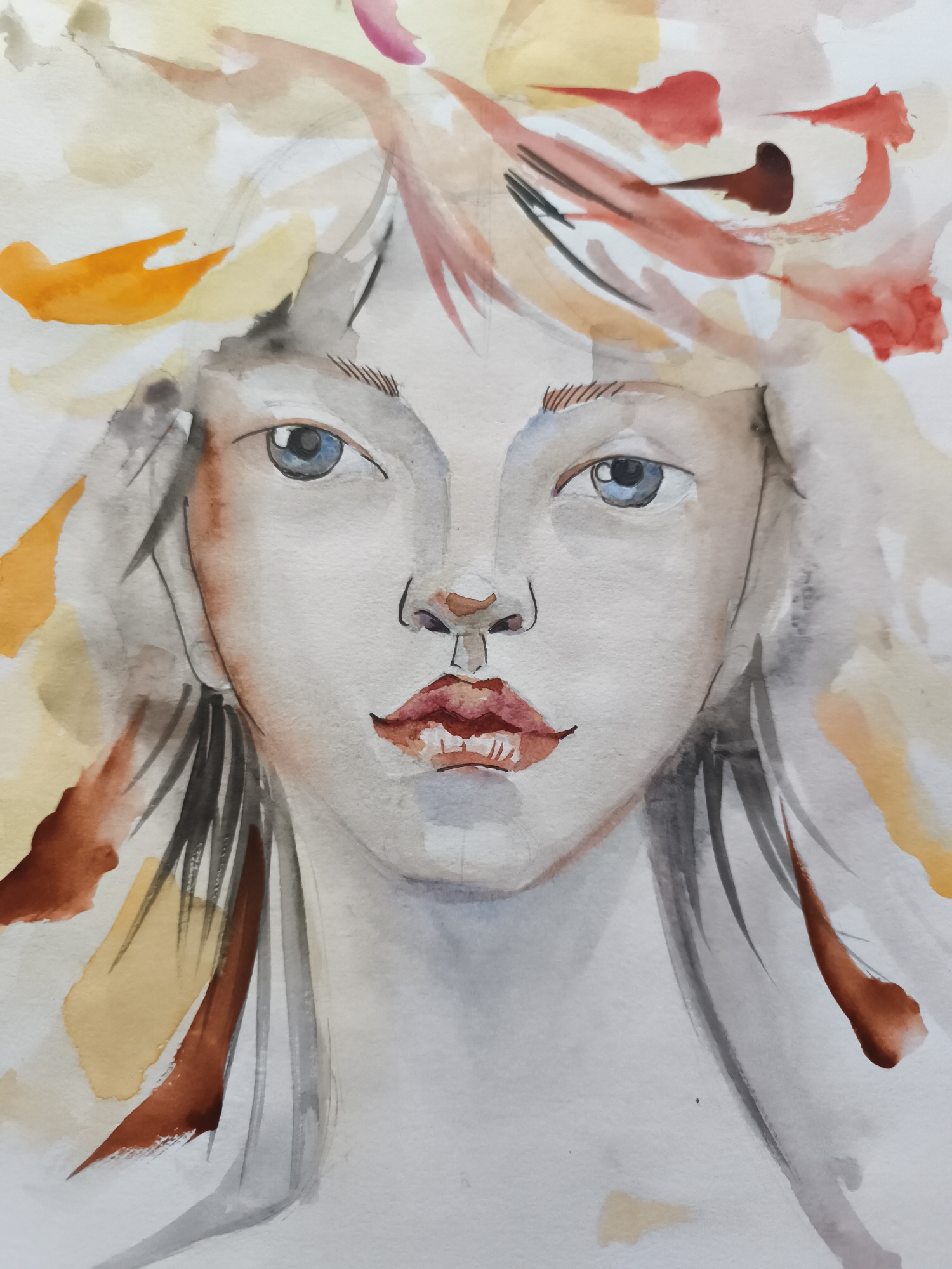This is a watercolor painting of a woman's face. The woman has fair skin, blue eyes, and red lips. Her hair is depicted as abstract strokes of various colors, including orange, yellow, red, and brown. The background is white with some soft washes of color. The style is impressionistic, with visible brushstrokes and a focus on color and light. There is no identifiable location in the city of Saint-Denis, France.