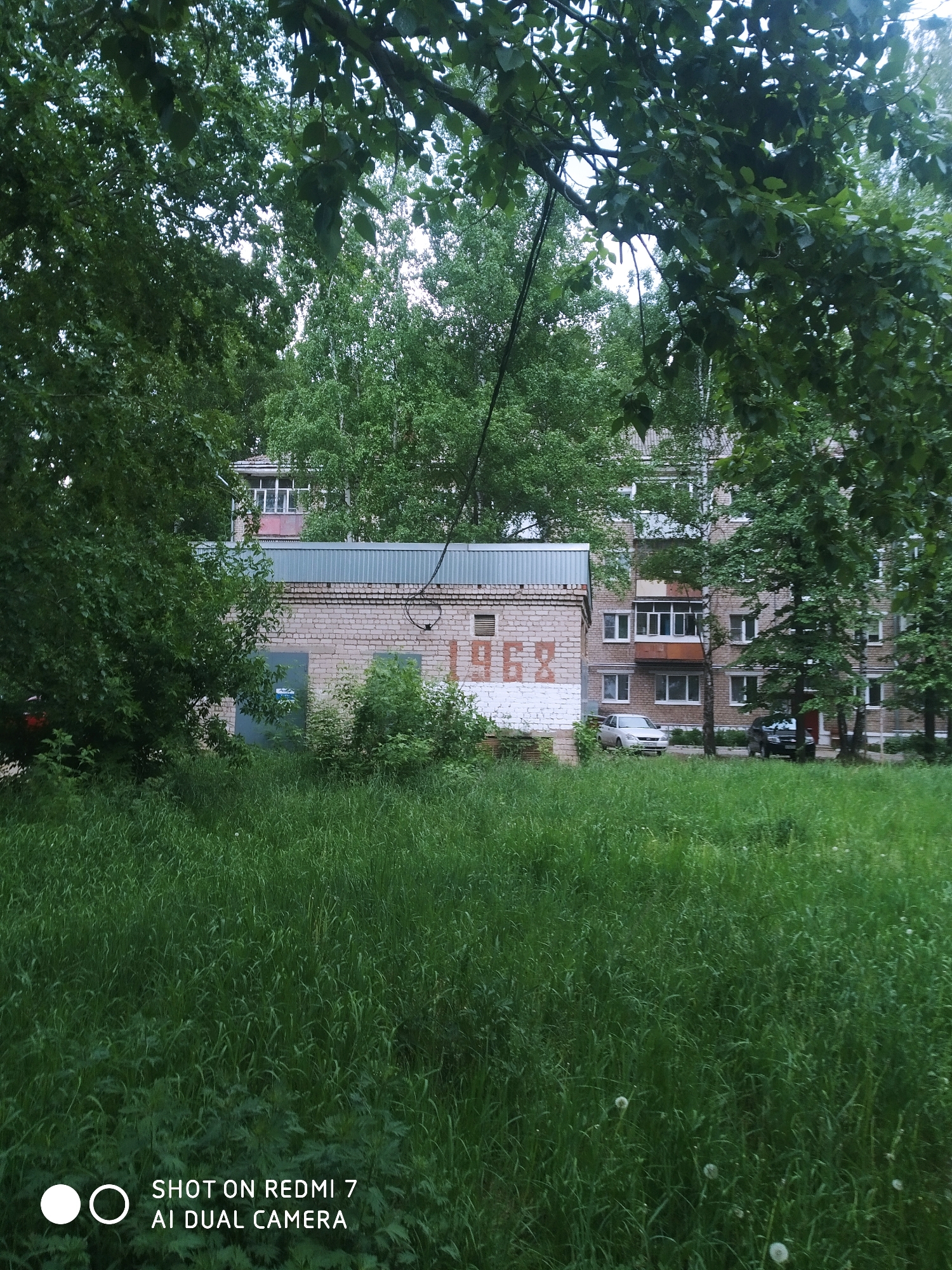 The image, taken in the city of Chaikovsky, Russia, presents a view of a grassy area in front of a residential building complex, partially obscured by trees. A single-story, brick structure with the painted number "1968" on its side is situated in the foreground, next to the apartment building. The grass is tall and green. Two cars are parked near the building in the background. A wire runs above the brick structure. The sky is overcast, casting a diffused light over the scene. The foliage suggests a summer or late spring season. The bottom of the image includes the watermark "SHOT ON REDMI 7 AI DUAL CAMERA".