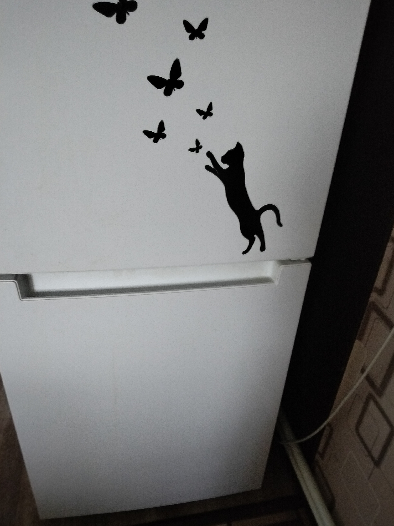 This image shows a black silhouette of a cat chasing several black silhouettes of butterflies on a white refrigerator door. The refrigerator is likely located in an apartment in Nizhnedonskoy, Russia. The scene is indoors, and the lighting appears to be artificial. The background shows a dark, possibly wooden, surface and a wall with a repeating geometric pattern.