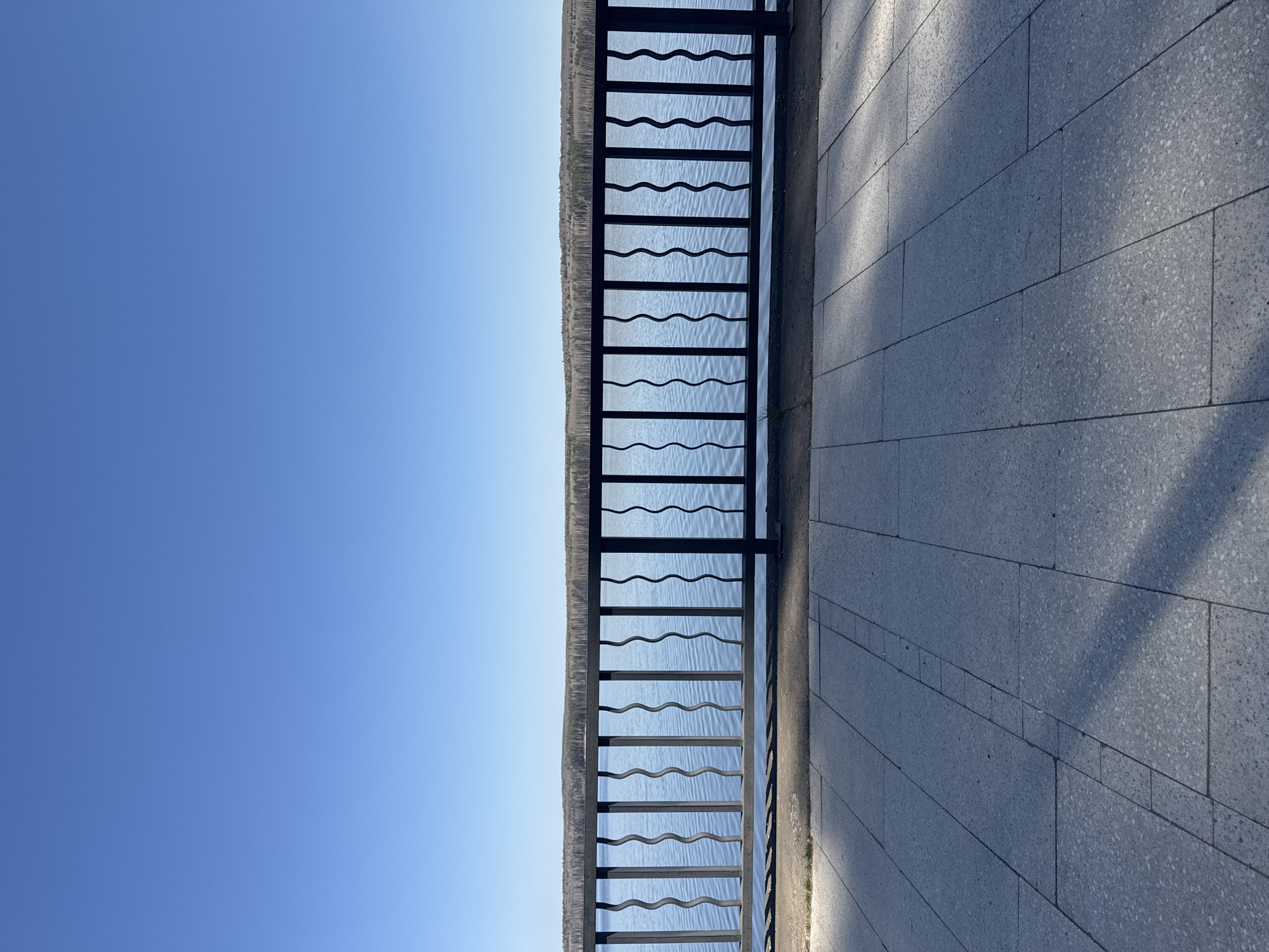 The image depicts a railing along a waterfront walkway in Chaikovsky, Russia. The railing is black metal with a unique design featuring wavy horizontal bars. Behind the railing is a body of water, and beyond that, a tree line is visible on the opposite shore. To the right of the railing is a grey tiled walkway with shadows cast upon it. The sky is a clear, bright blue. The overall impression is one of a sunny day at a peaceful location along the water.