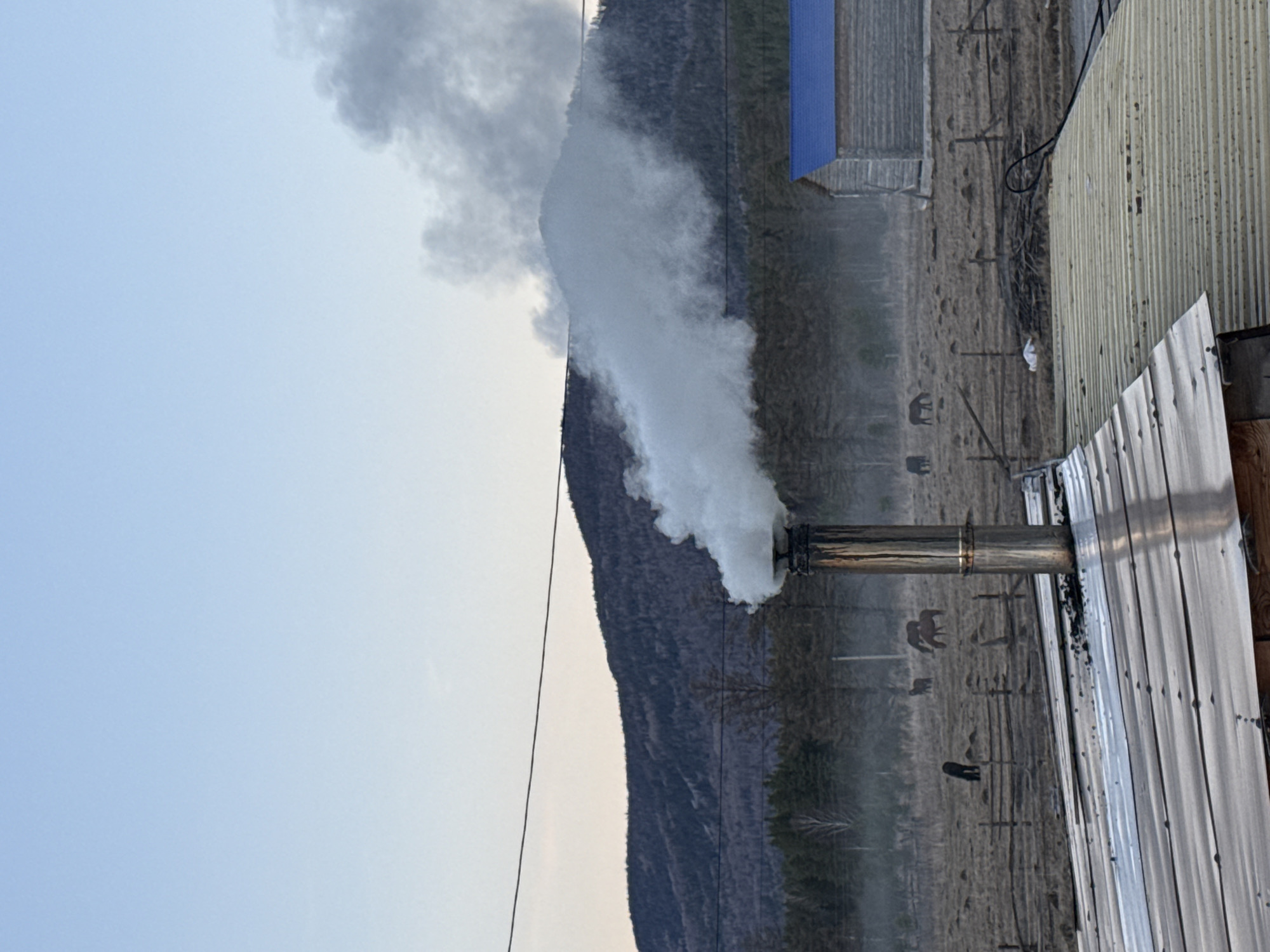 The image shows a landscape in what appears to be a rural setting. A mountain range is visible in the background. From what is likely a chimney, a thick plume of smoke or steam rises vertically. The buildings nearby appear to be constructed with corrugated metal siding. The foreground details reveal a slightly dilapidated aesthetic, suggesting a practical, possibly utilitarian, purpose for the structures. The field visible through the smoke contains several animals that might be horses or cows. The sky is mostly clear and light blue. There is no indication that the photo was taken in Tyulyuk, Russia.