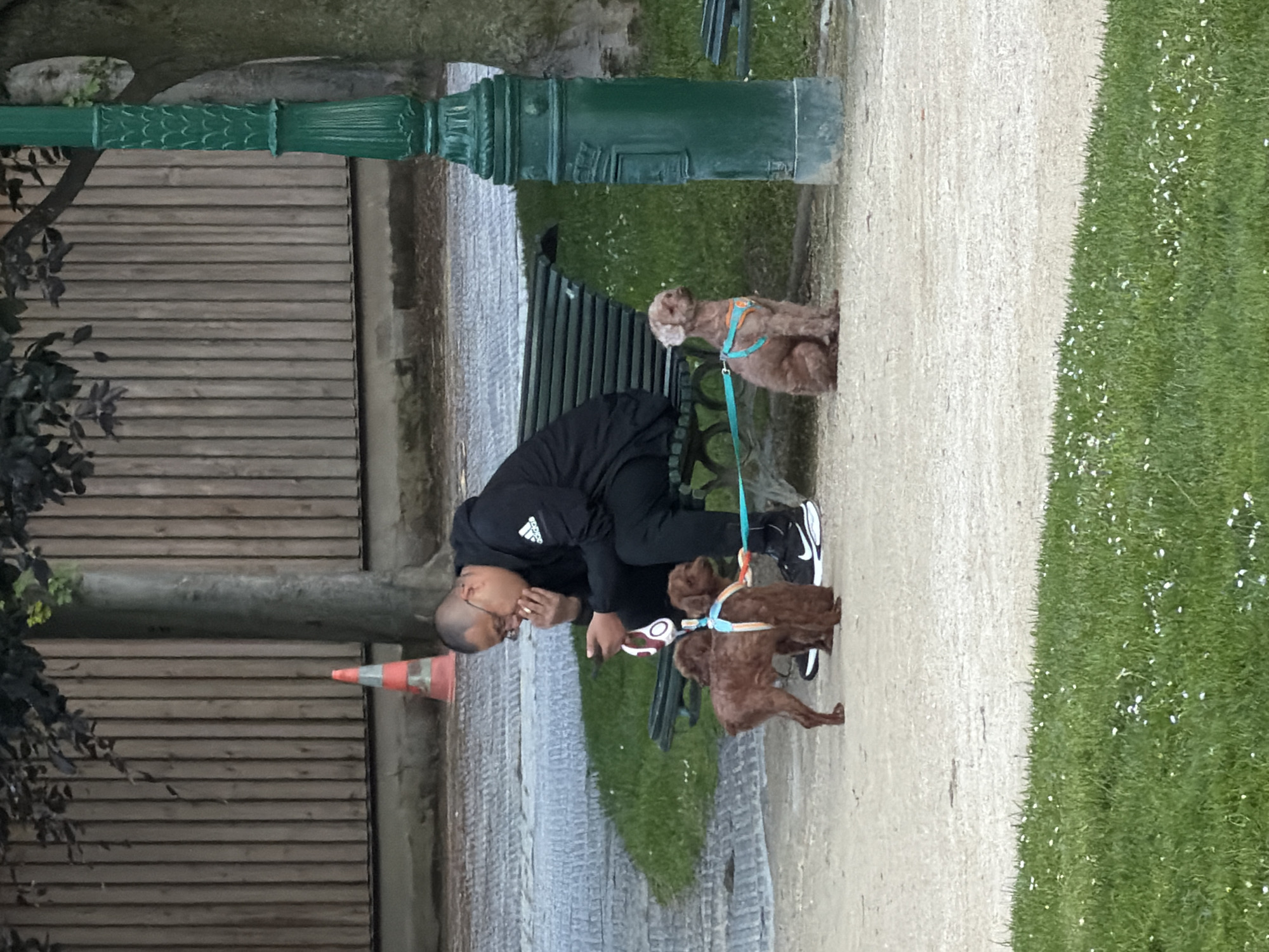 A medium shot depicts a man on a park bench smoking while holding two dogs on leashes. The man, clad in black Adidas apparel and Nike sneakers, is positioned in the lower-left of the frame, leaning forward. In front of him are two brown dogs, one slightly larger than the other, attached to leashes. Behind the man is a green park bench and a fence. To the right of the bench is a white gravel path, adjacent to a strip of green grass. The location appears to be a park in Paris, France, based on the style of the park bench and lamppost. An orange traffic cone is partially visible in the lower left.
